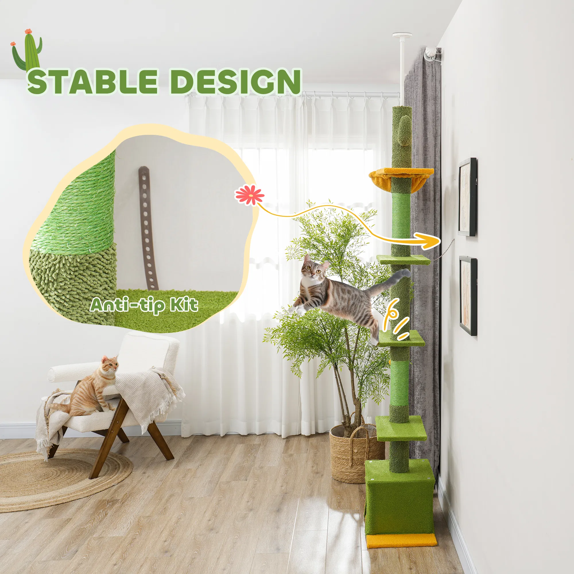 Floor to Ceiling Cat TreeTower with 90.5"-108" Adjustable Height, Scratching Posts, Hammock, Comdo, Toy Ball, Green — image 4