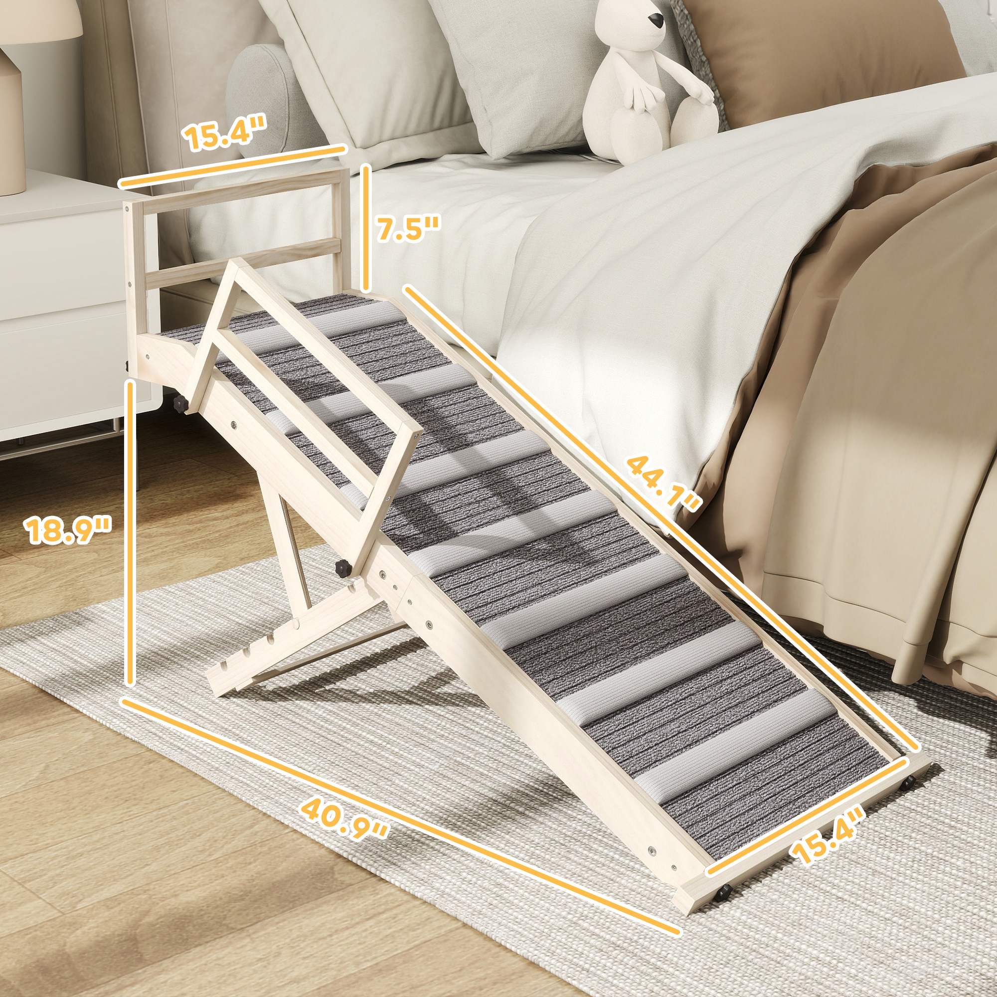 Paso para Perros, Rampa Reclinable para Mascotas, 4 Alturas Ajustables de 15" a 19", Paso con Barandas Lados para Pequeños y Grandes Animales — imagen 7