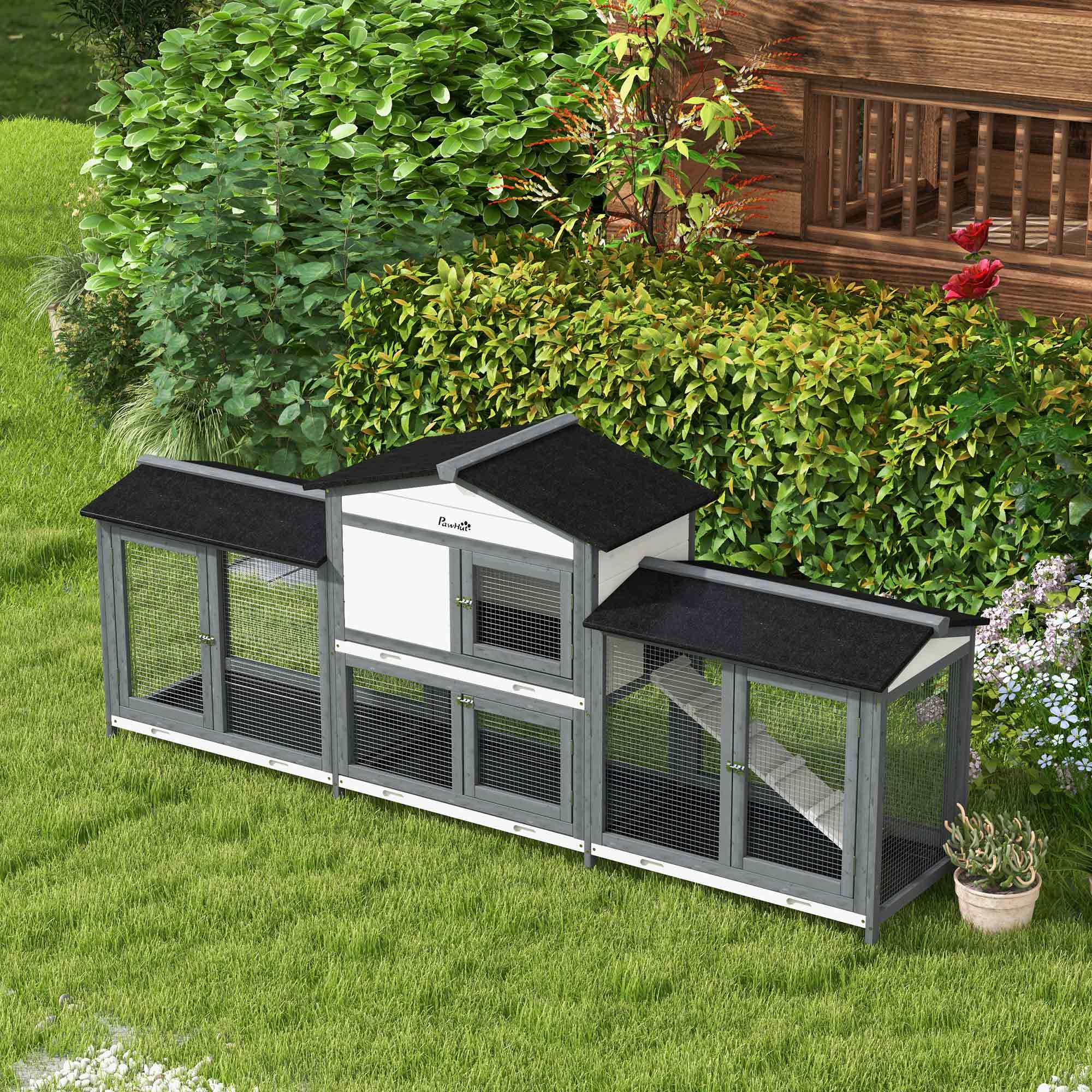 90.5" Wooden Rabbit Hutch Bunny Cage Pet Playpen House Enclosure with Double Side Run Boxes, No Leak Tray, Ramp, for Rabbits, Chickens, Ducks, Guinea Pig and Small Animals, Light Gray — image 6