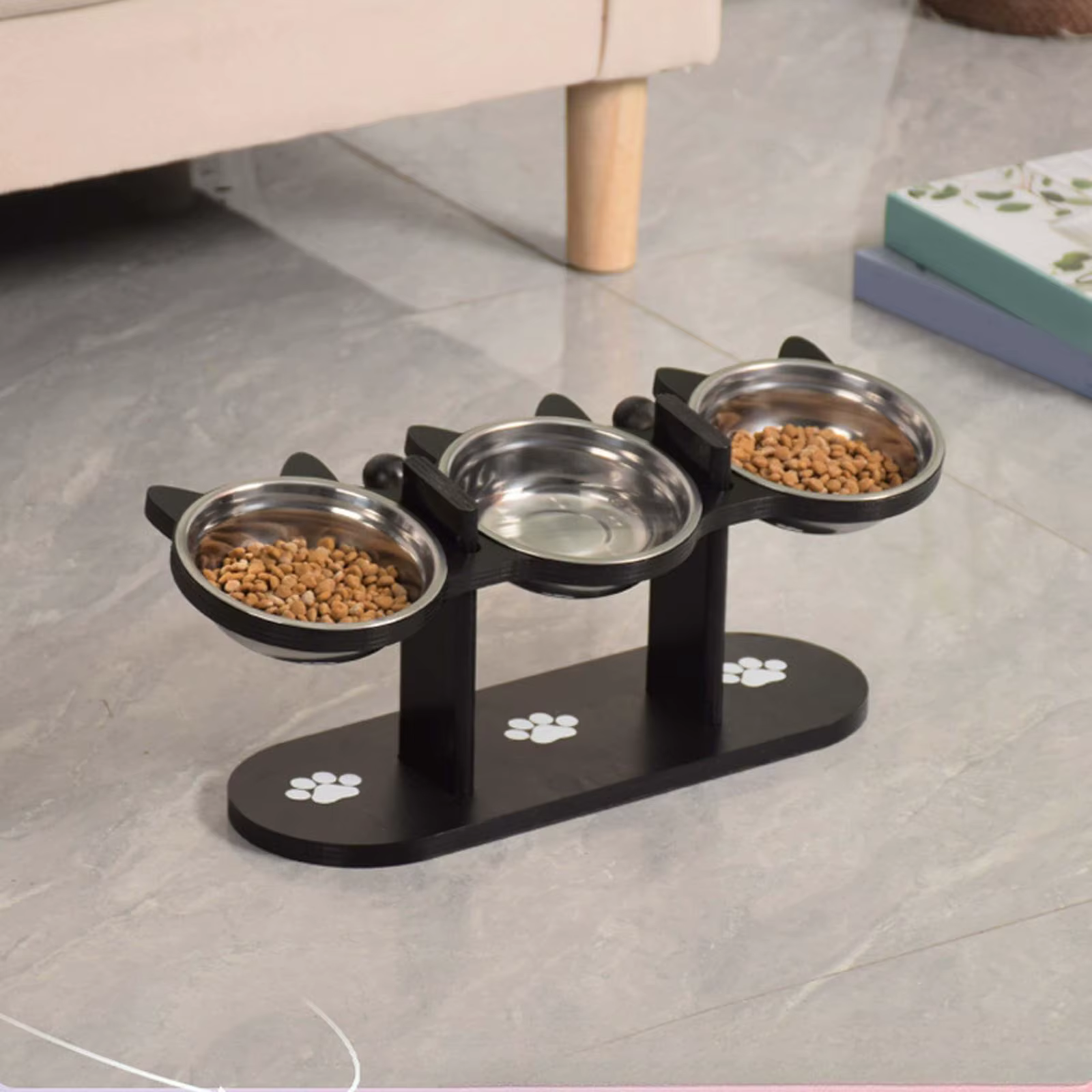 Elevated Cat Food Bowl with Black Wooden Support Frame Stainless Steel Cats Bowls 15° Stand Sloped Feeding & Watering Supplies — image 5