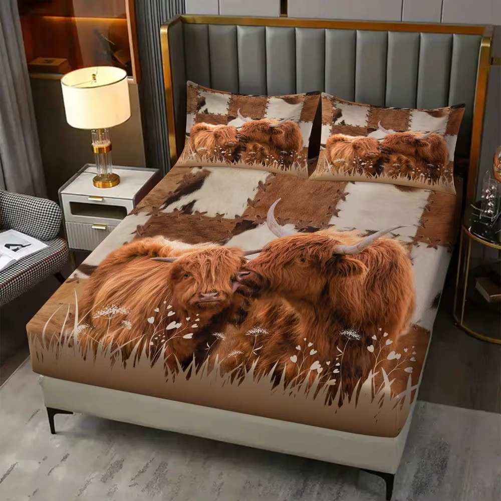 3Pcs Highland Cow Fitted Sheet Set Farmhouse Style Bedding Set Rustic Animal Bed Sheets Set Soft Deep Pocket for Bedroom Decor — image 6