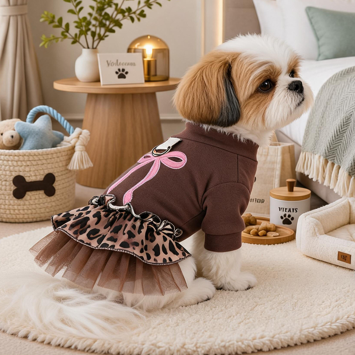 Pet Clothes Spring Autumn Small Dog Puppy Windproof Warm Bohemian Style Leopard Print Sweet Dress — image 3