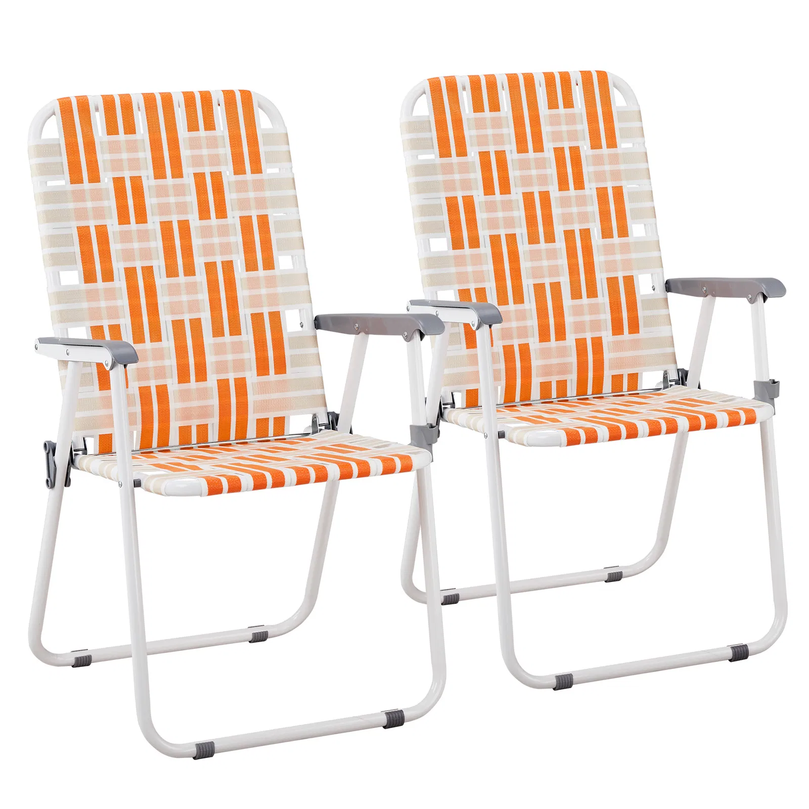 Set of 2 Webbed Folding Beach Chairs, Outdoor Patio Lawn Foldable Chairs for Camping Fishing Yard Poolside BBQ, Orange & White — image 18