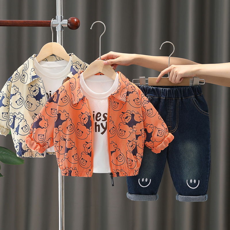 Unisex Toddler All-Over Bear Print Zip-Up Jacket and Pants 3-Piece Set 0-4 Years Spring Autumn Kids Clothing — image 5