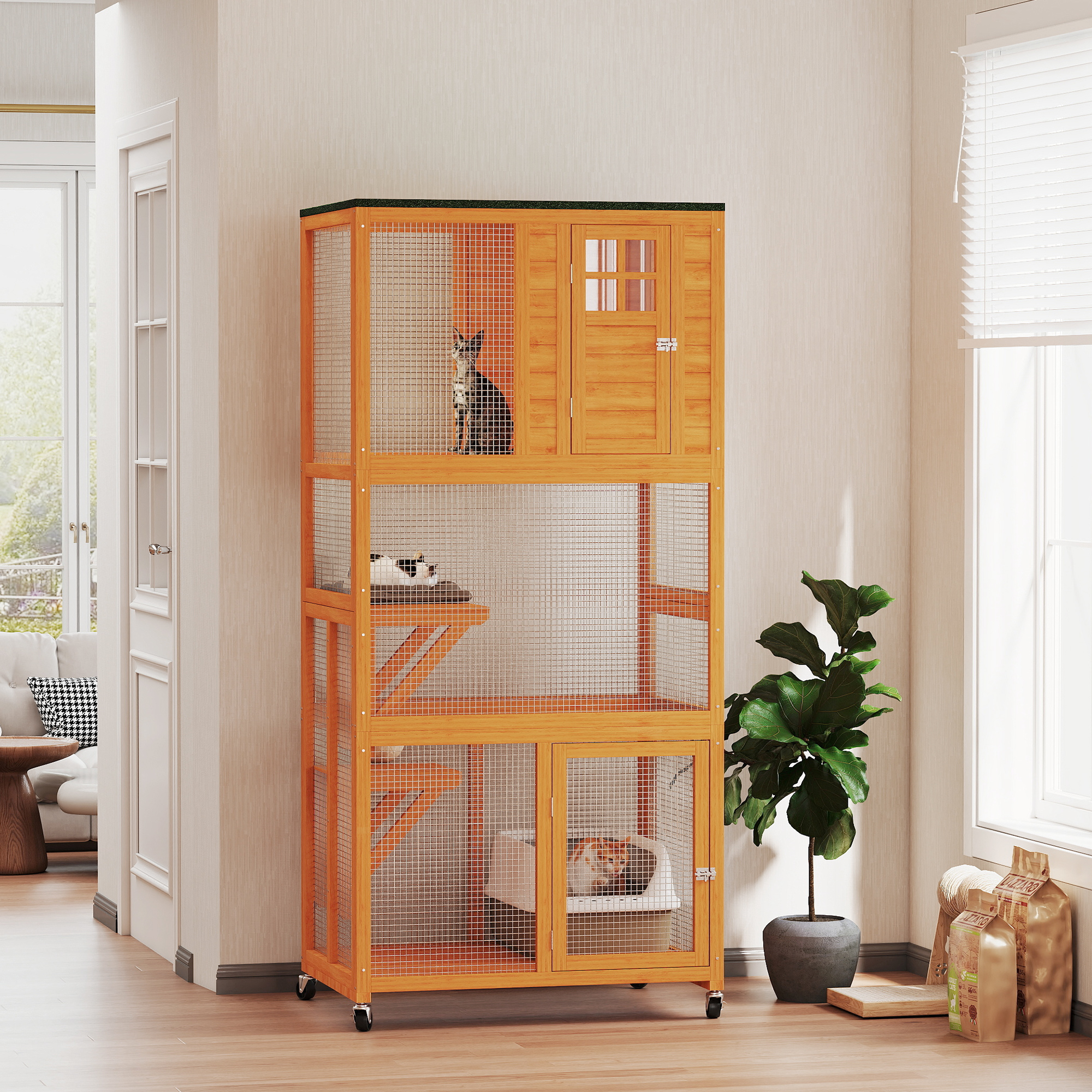 Casa de Madera Externa para Gatos de 74" con Ruedas, Color Naranja — imagen 7