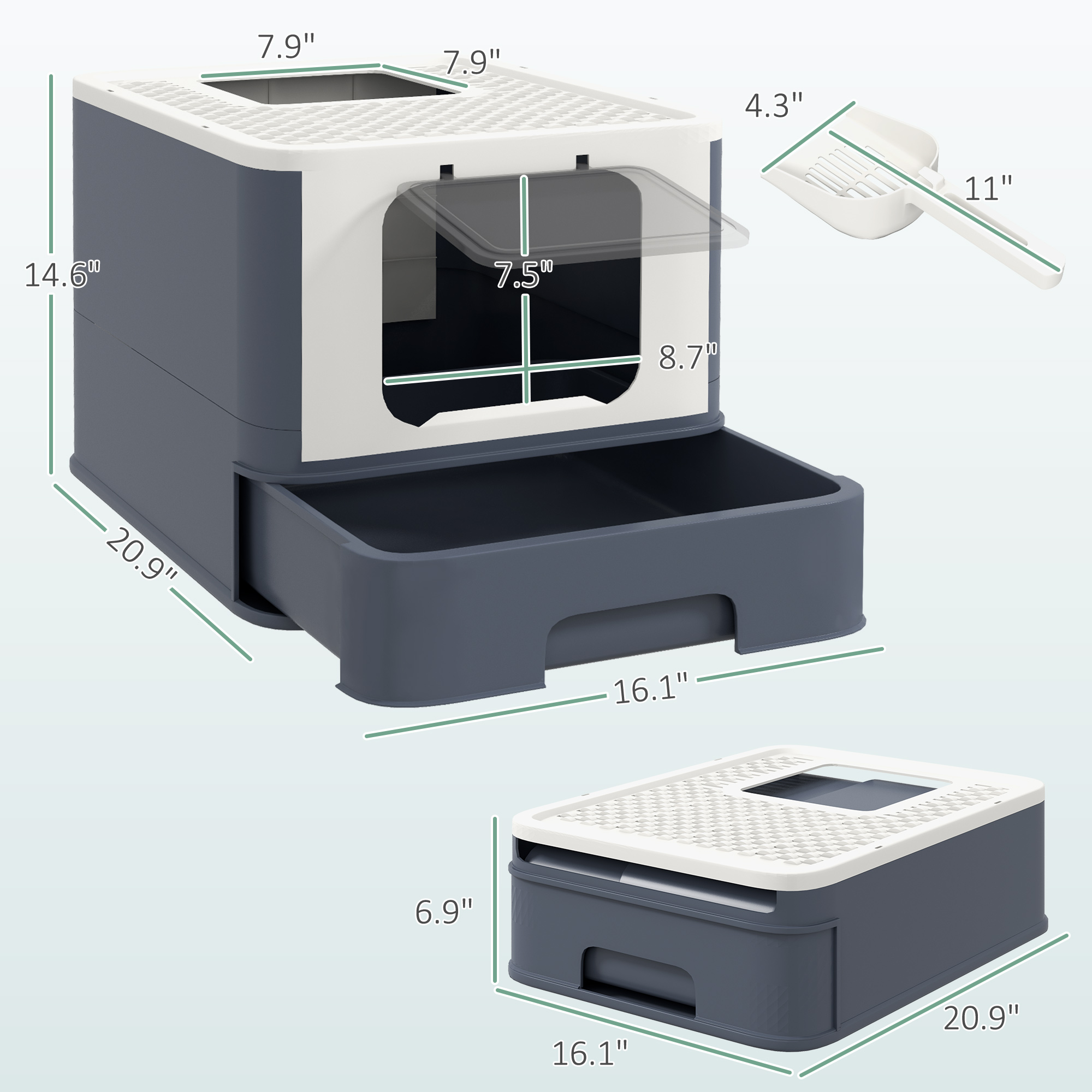 Caja de Arena para Gatos con Tapadera, Cuchara y Acceso Frente y Superior para Gatos Grandes, Blanco — imagen 3