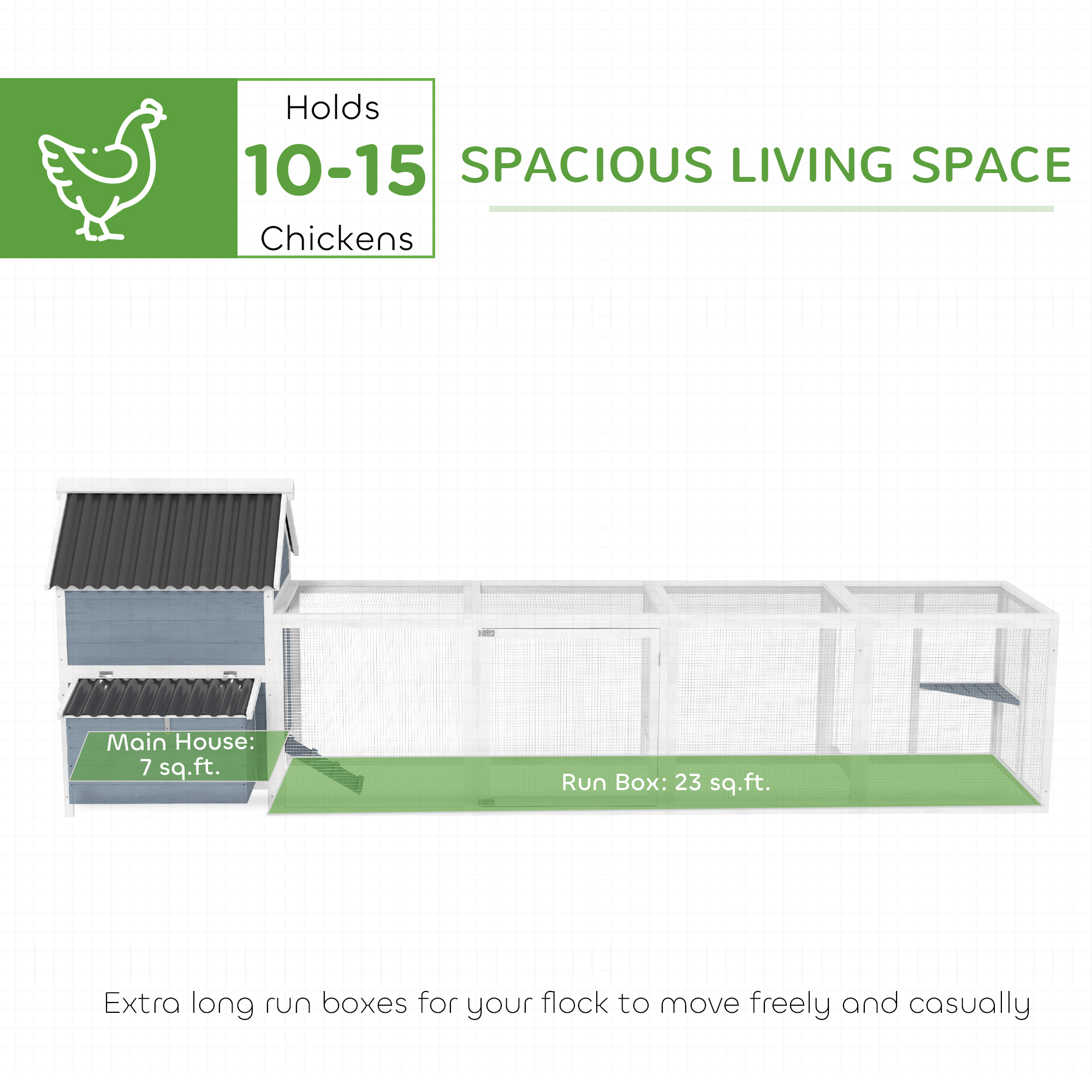 156" Coop de Pollos Madera Grande con 2 Box de Puesta, Cárcel de Ejercicio, Techo Ondulado Impermeable, para 10-15 Pollos, Gris Claro — imagen 7
