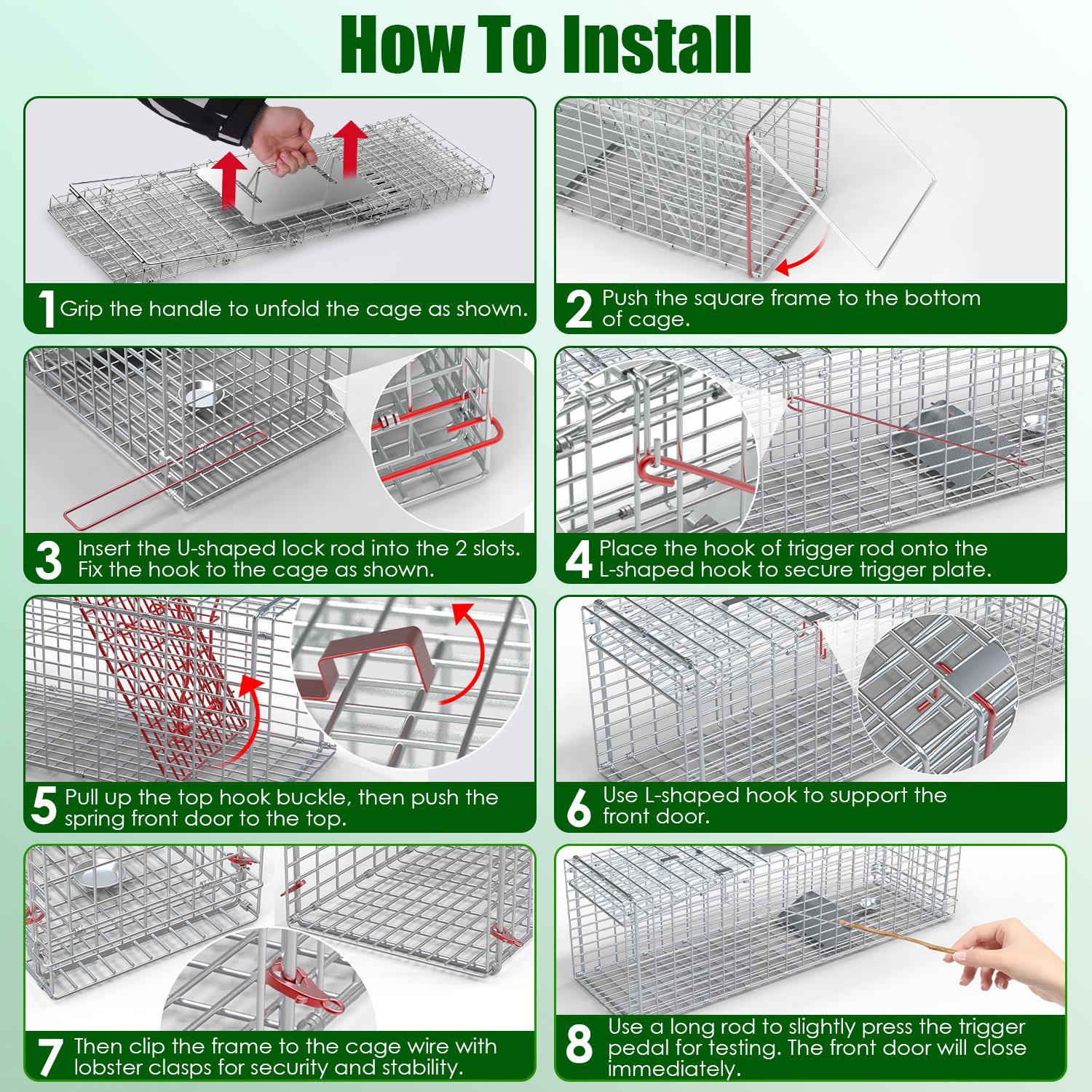 Caja de Trampa para Animales Vivos, Plegable y Humana para Conejos, Mapaches, Zorros, Ardillas, etc. (27.17x7.48x8.27 in) Acero Resistente para Primavera y Verano — imagen 4