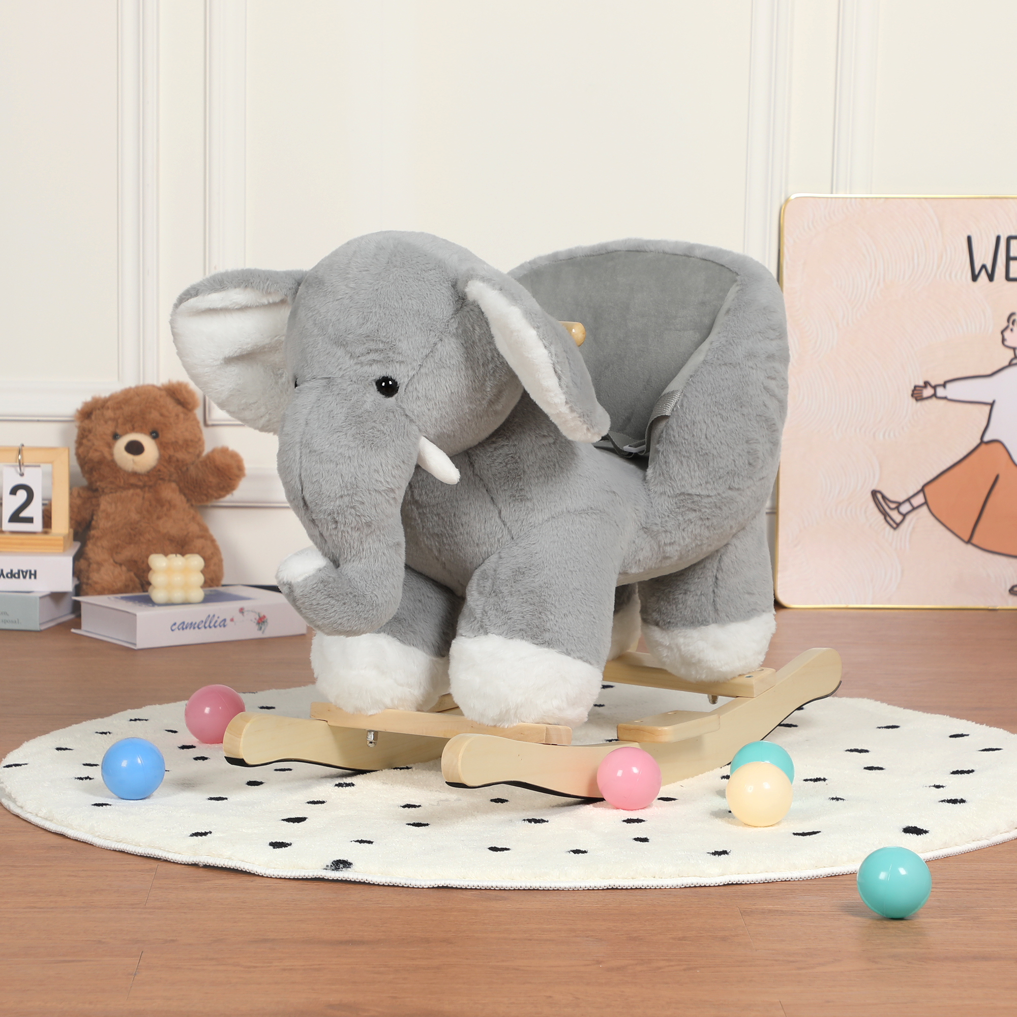Kids Ride-On Rocking Horse Toy With Elephant Sounds, Elephant Rocking Toy With Hand Puppets And Safety Belt For Children 1-3 Years, Soft Plush Fabric, Grey, CPC Certified — image 1