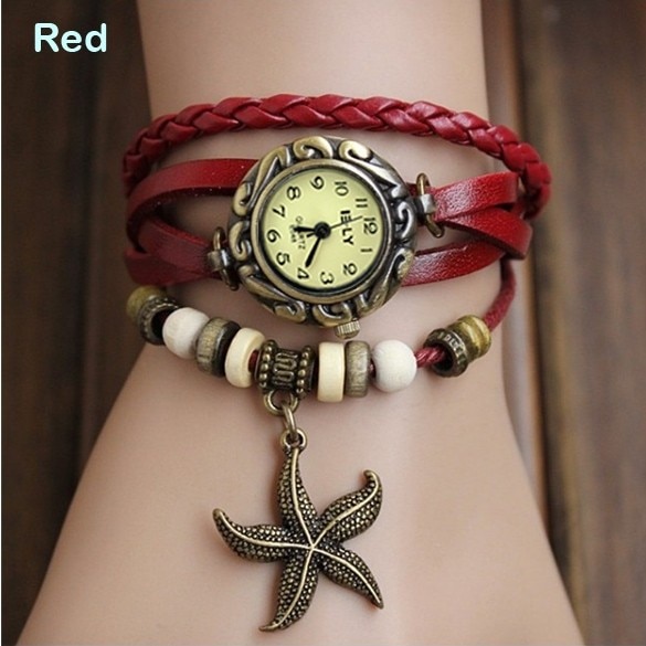 Lady Starfish Bracelet Watch Clock Retro Weave Wrap Watches Genuine Leather Starfish Wristwatch Slim Bnad small Dial LL — image 8