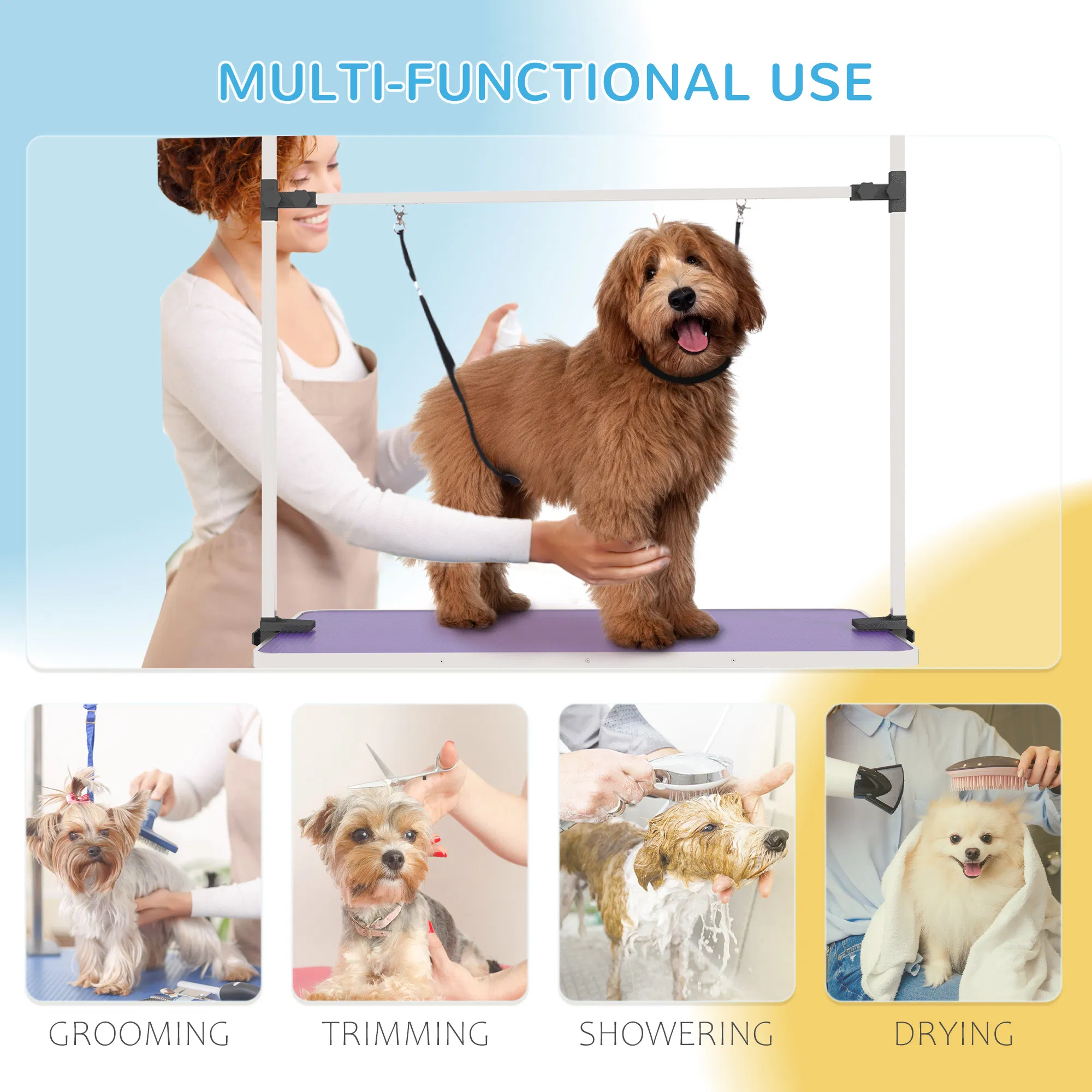 Adjustable Dog Grooming Table with 2 Safety Slings, Storage Basket, Purple — image 3