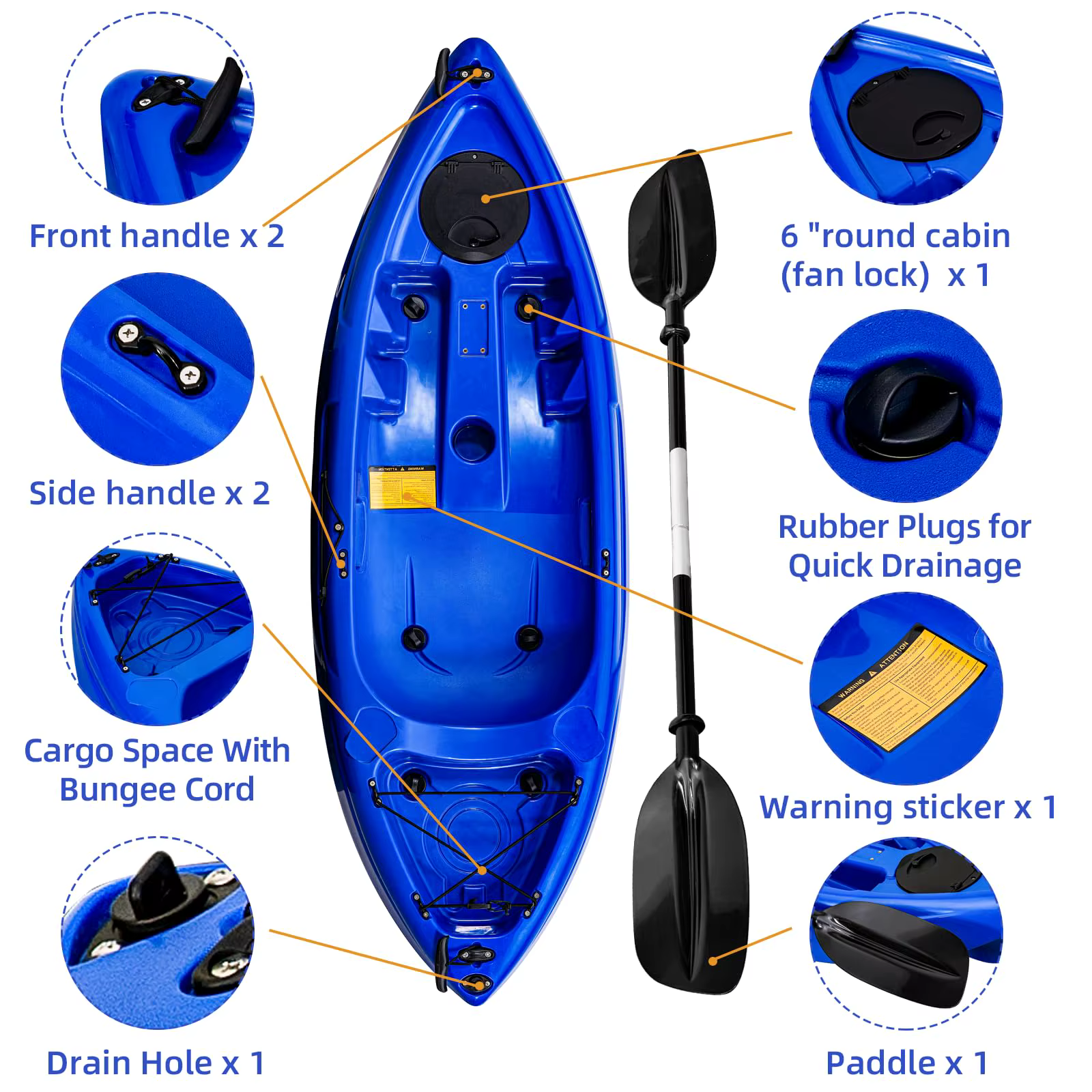 Kayaks de Pesca, 12.4FT Kayak Sentado en la Superficie para 2-3 Adultos con Remo y Asiento Cómodo, Capacidad de 600LBS, Barco Rígido Recreativo para Océano — imagen 5