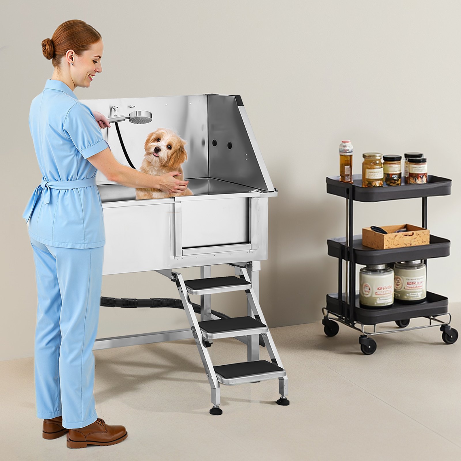 Tina de Baño para Aseo de Perros de 38", Acero Inoxidable con Escalera, Llave de Agua y Regadera — imagen 1