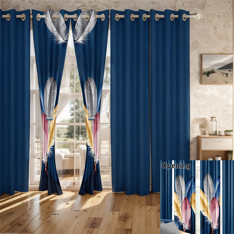 9 Piece Room In A Bag Quilt And Curtain Set, US Designer Navy Blue Boho Feather Print Heavyweight Bedspread With 6 Customizable Window Panels, Pet-Friendly High GSM Coverlet — image 7