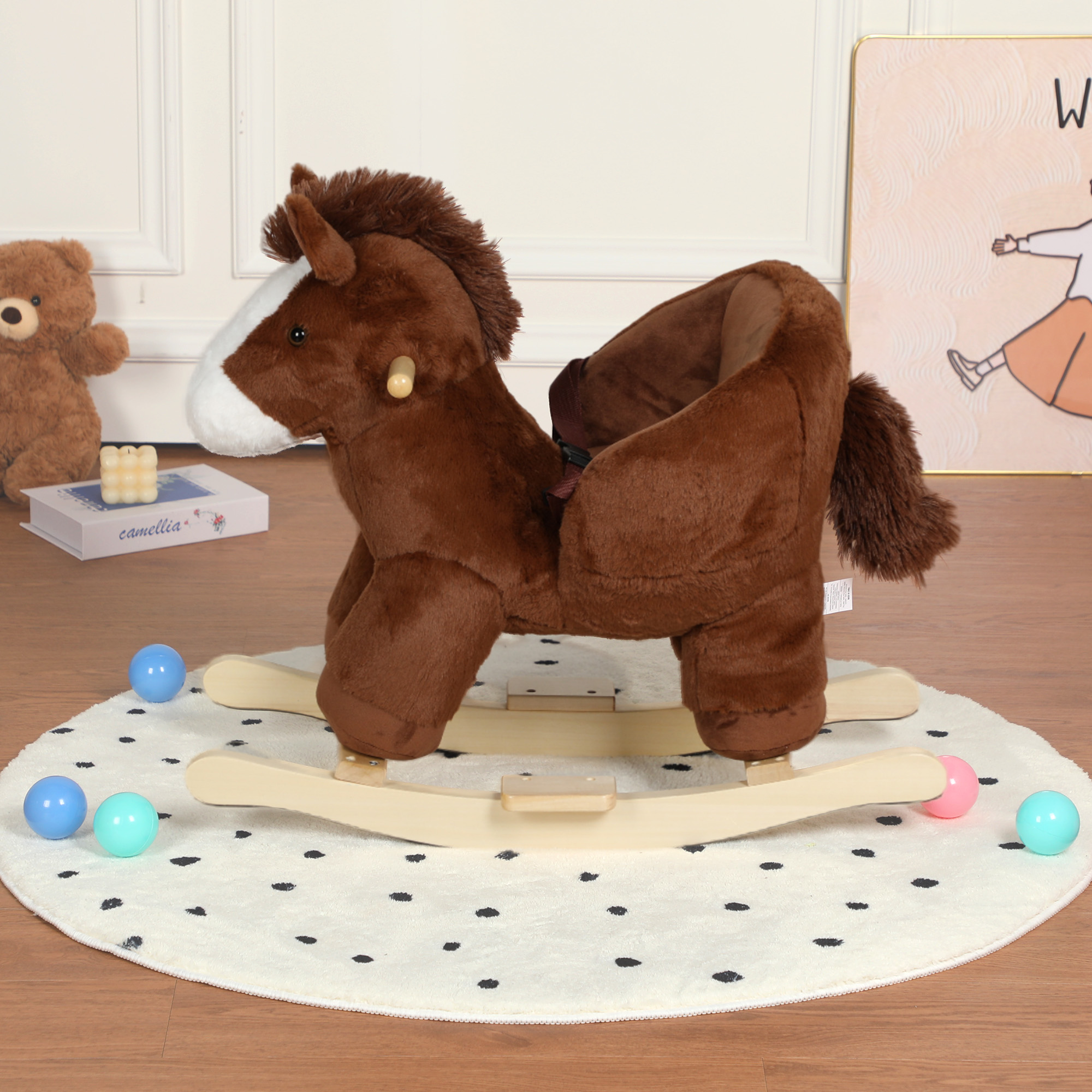 Kids Ride-On Rocking Horse Toy With Horse Sounds, Horse Rocking Toy With Hand Puppets And Safety Belt For Children 1-3 Years, Soft Plush Fabric, Brown, CPC Certified — image 4