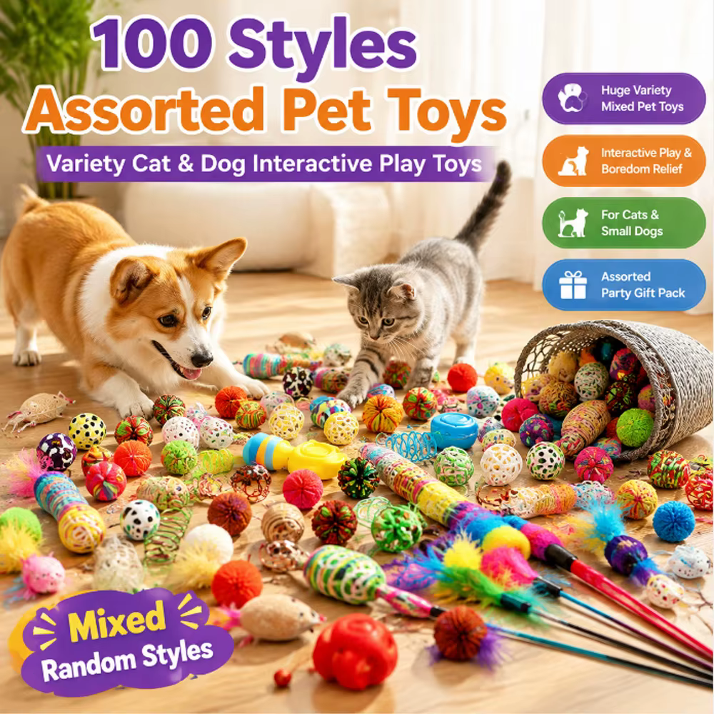 100 Styles Mixed Pet Toy Set, Random Assorted Interactive Cat & Dog Toys, Variety Chew Squeaky Play Toys for Small Pets — image 1