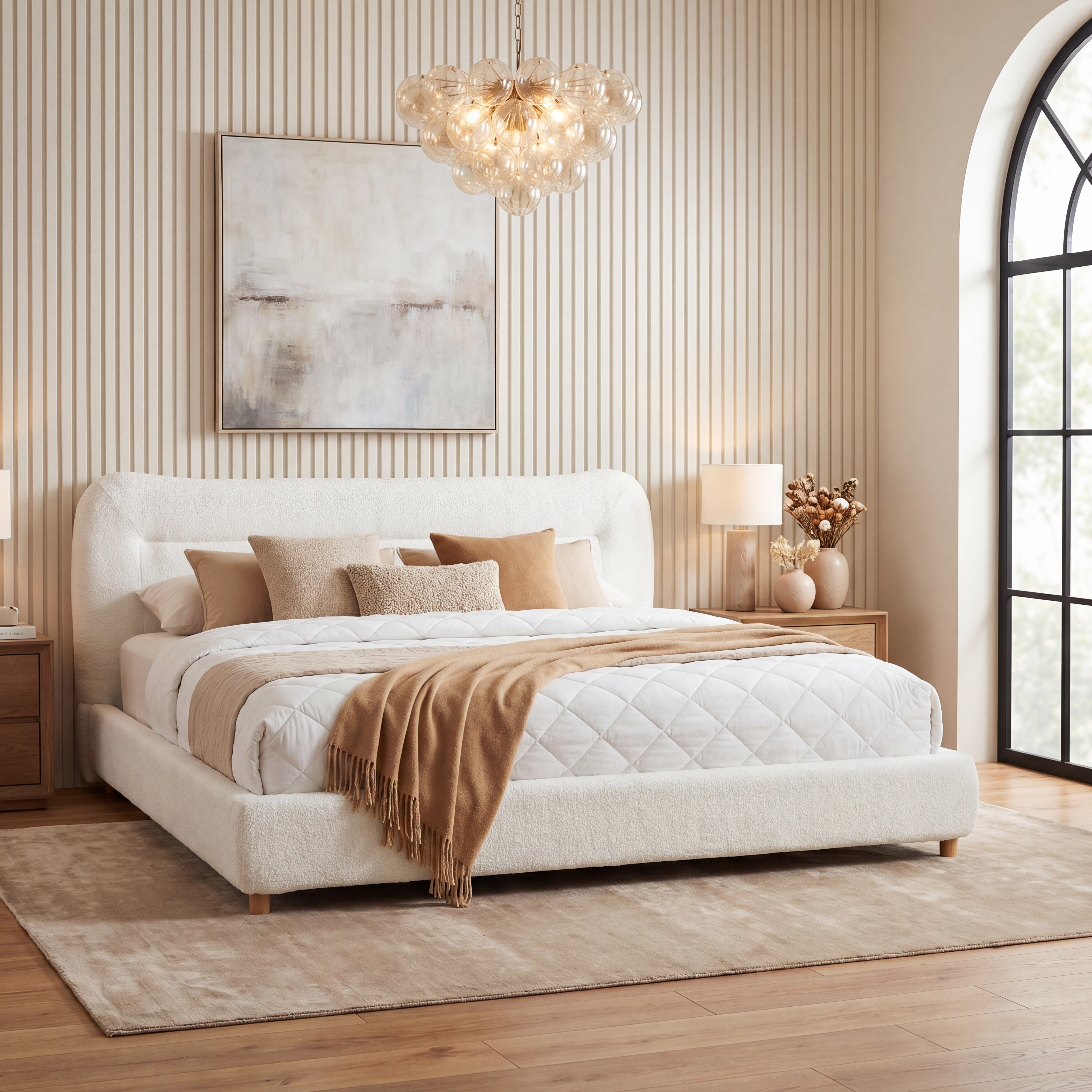 Cabezal de Cama Curvo Minimalista con Oso de Peluche, Reina, Crema — imagen 2