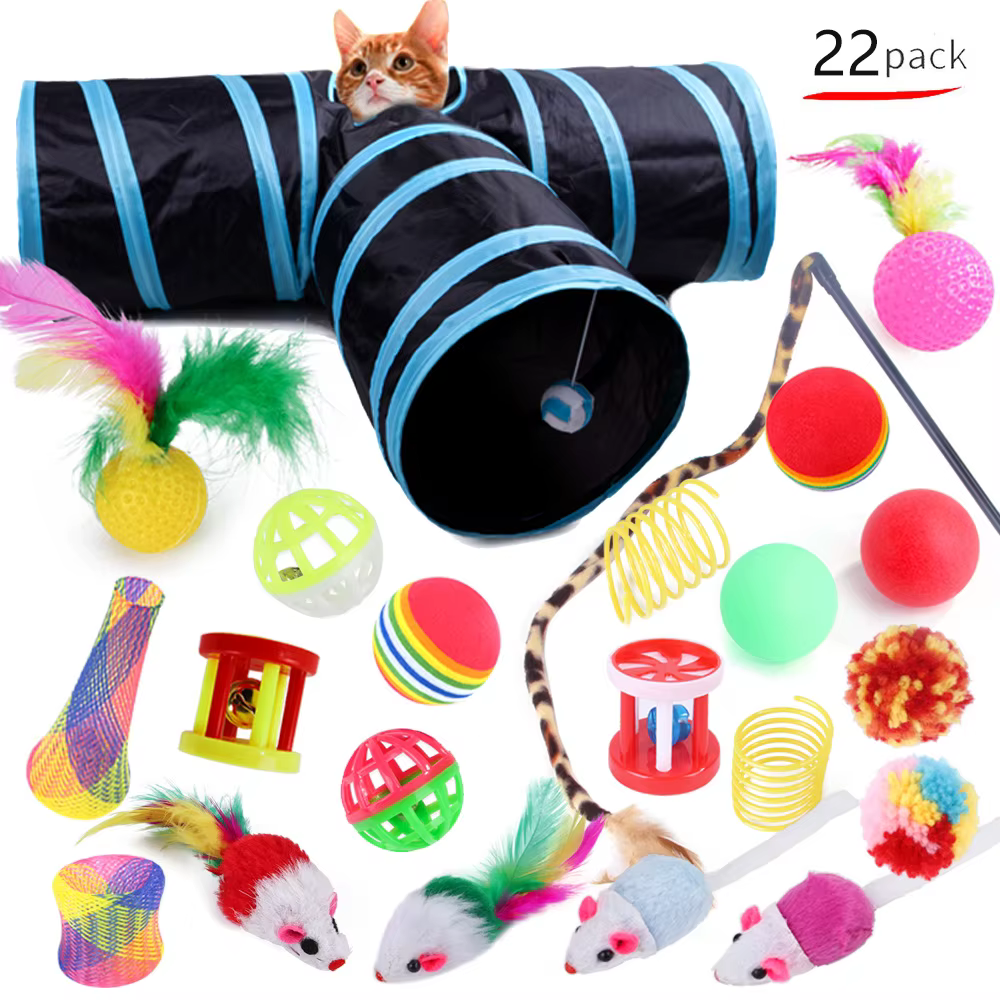 22 Pack Pet Cat Toys Interactive Combination Set Cat Toy Funny Cat Stick Sisal Mouse Bell Ball Tunnel Supplies Kitten Toys — image 3