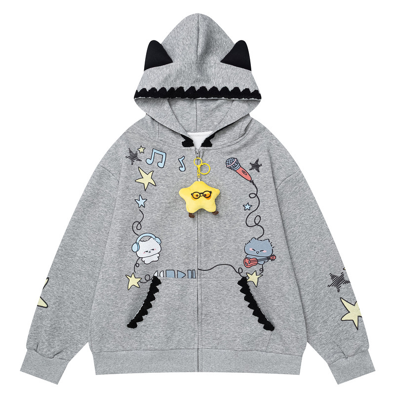 Cartoon note cat print pocket lace casual hoodie jacket — image 6