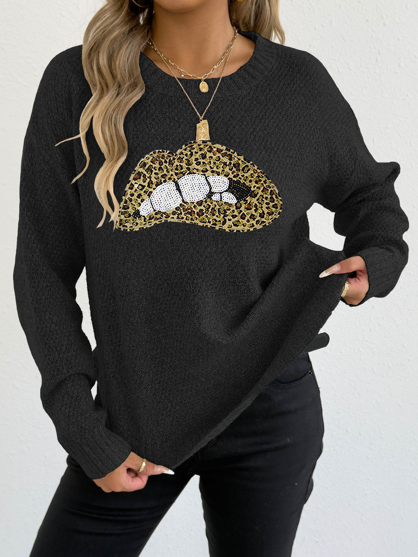 Women's leopard print embroidered sequin lip design round neck pullover sweater — image 8