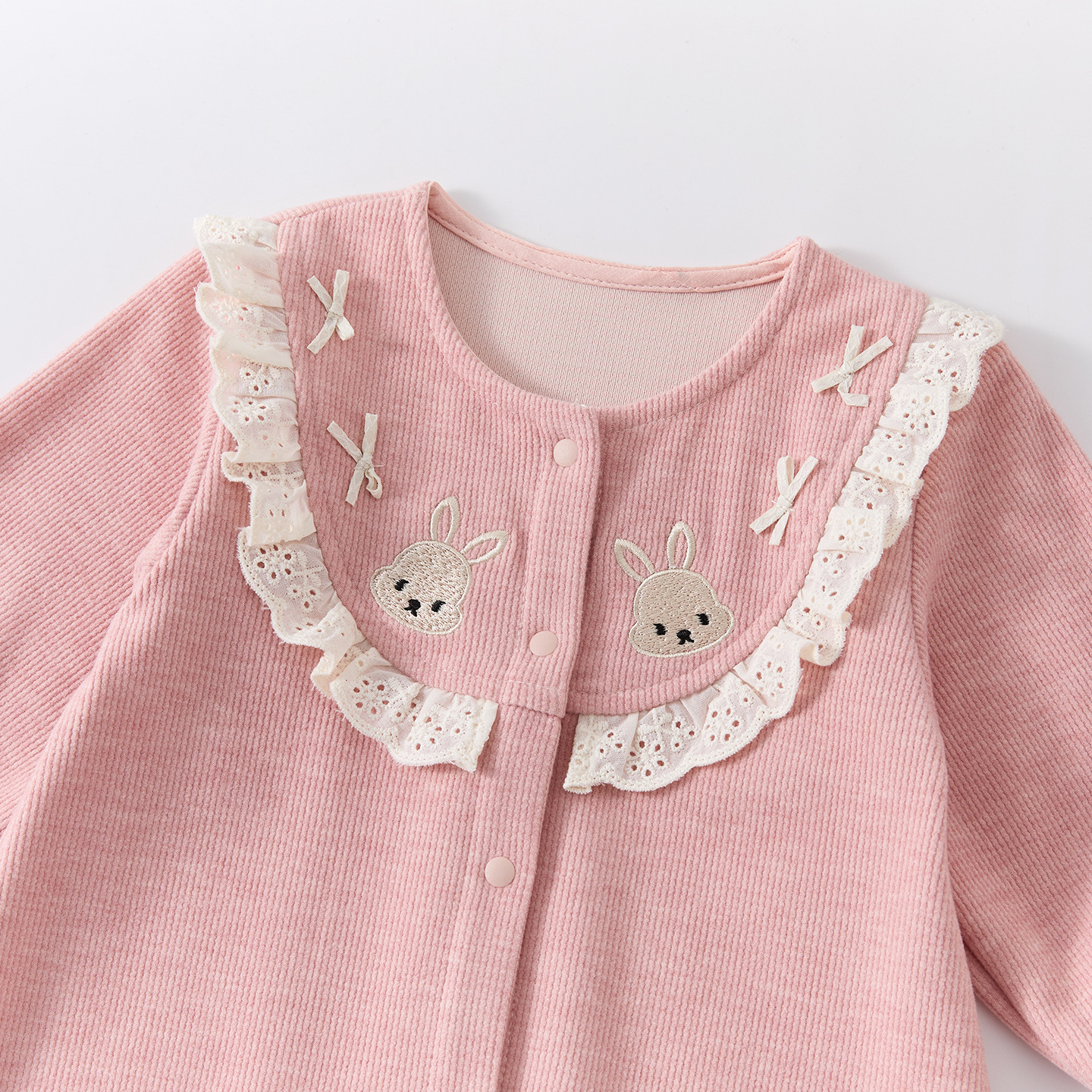 Knit Rabbit Romper for Girls, Lace Collar Cartoon Full-Opening Long Bodysuit — image 6
