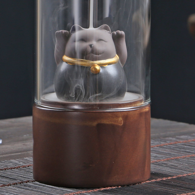 Lucky Cat Incienso en Vidrio Contra Viento con Agua Fluyendo Decoración Creativa para Hogar — imagen 2