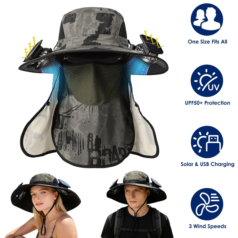 2 In 1 Solar Fan Hat UPF50 & Sun Hat With Fans Wide Brim Fishing Hat With Face Cover Neck Flap Solar USB Charging For Hiking Gardening Outdoor Work — imagen 5