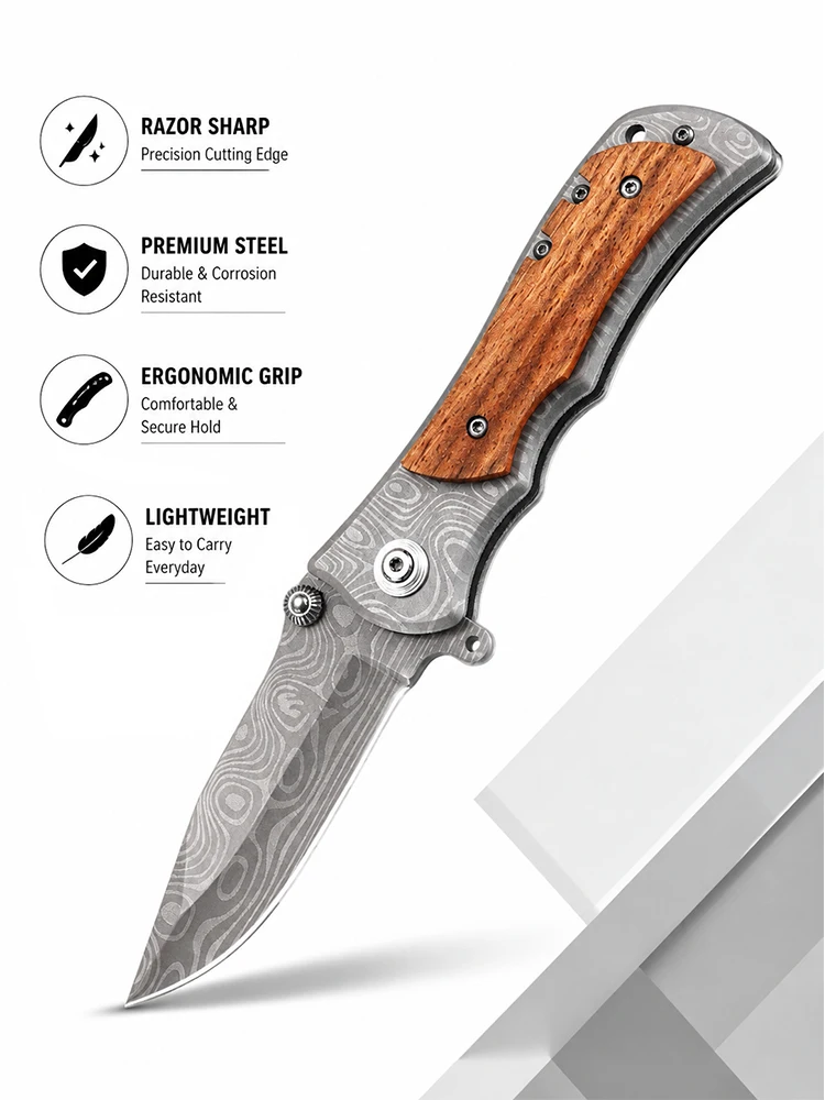 Damascus Folding Outdoor Portable Camping Knife with Sharp Blade Suitable for Hunting, Hiking, Fishing — image 1