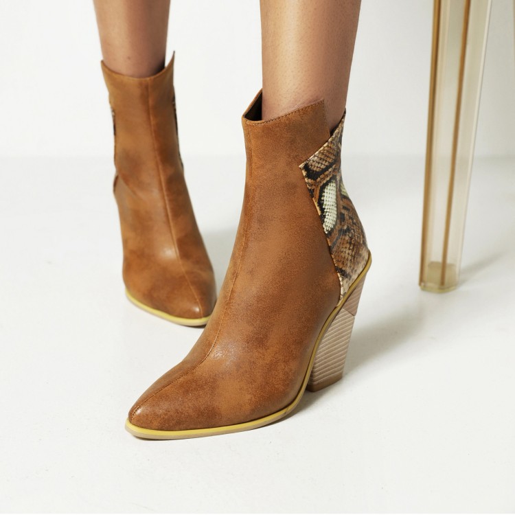 40-48 Coffee Rain Women's Boots Snake Print Colorblock High Heel Ladies Short Boots — image 2