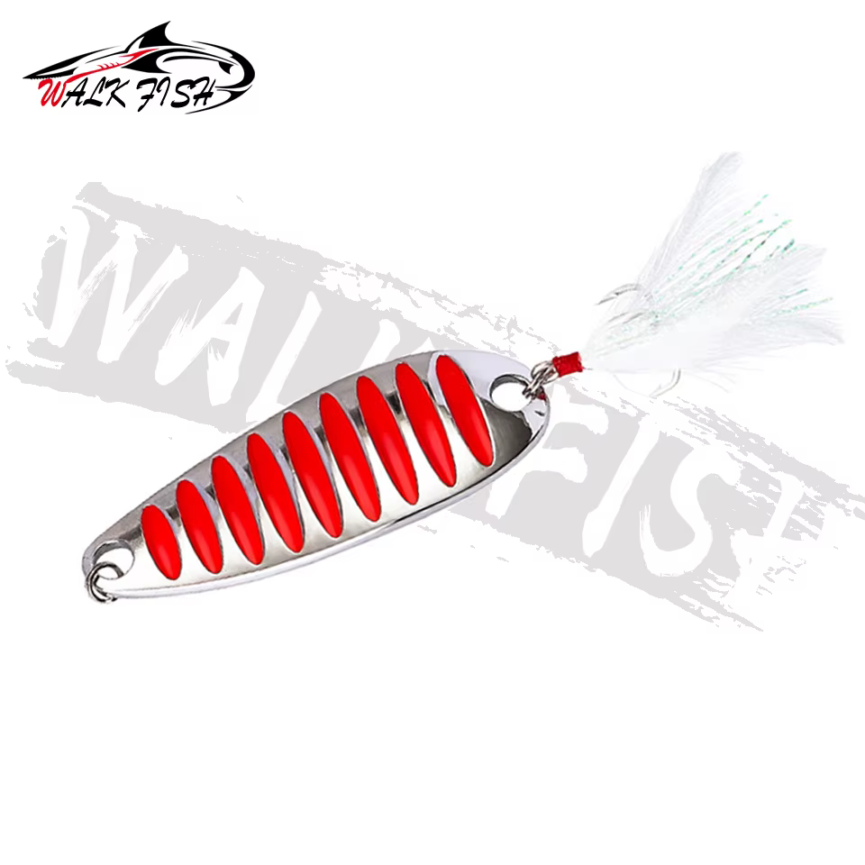 Cuchara de pesca WALK FISH - Linternas de pesca metálicas pesadas 5g/7g/10g/15g/20g/30g en oro y plata con atracones de pluma — imagen 3