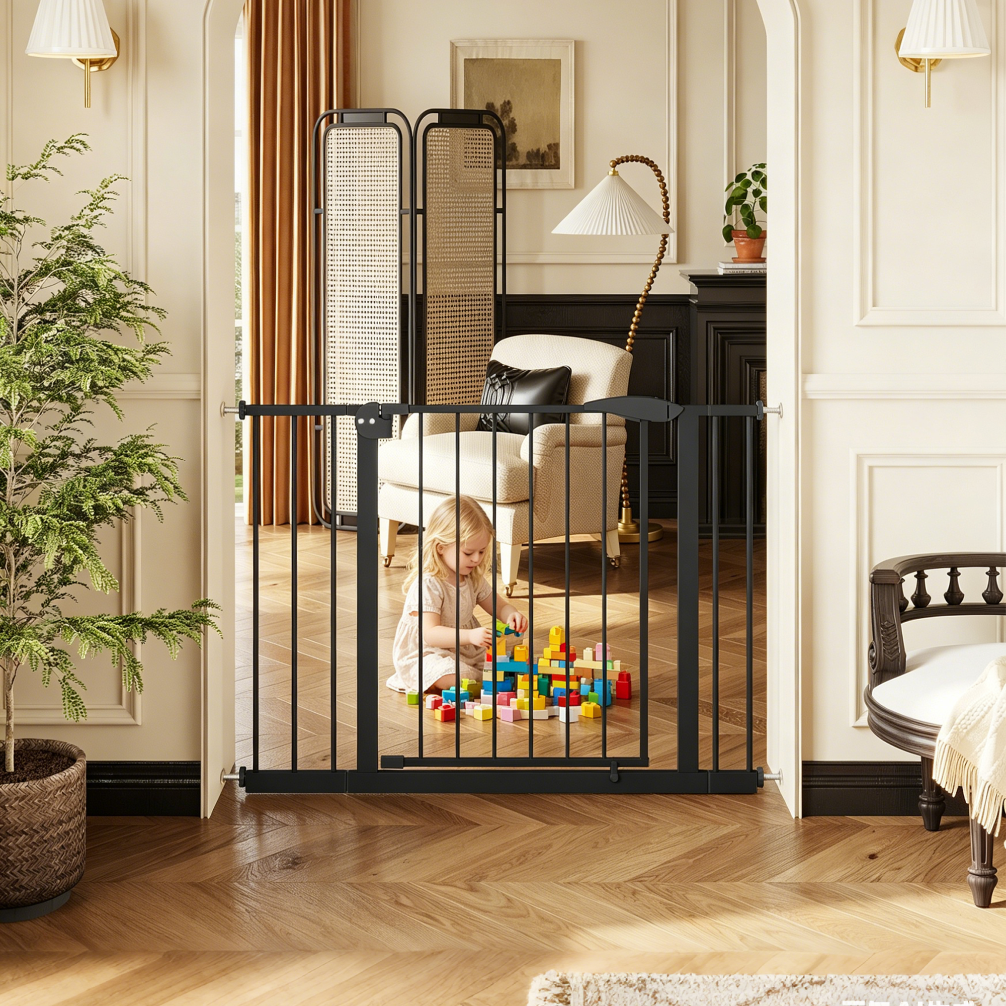29.5-44.1 Wide Baby Gate For Stairs, Dog Gate Indoor For Doorways, No Drilling Pressure Mounted Pet Gates For Kids, Easy Walk Through Safety Gate, Black — imagen 1