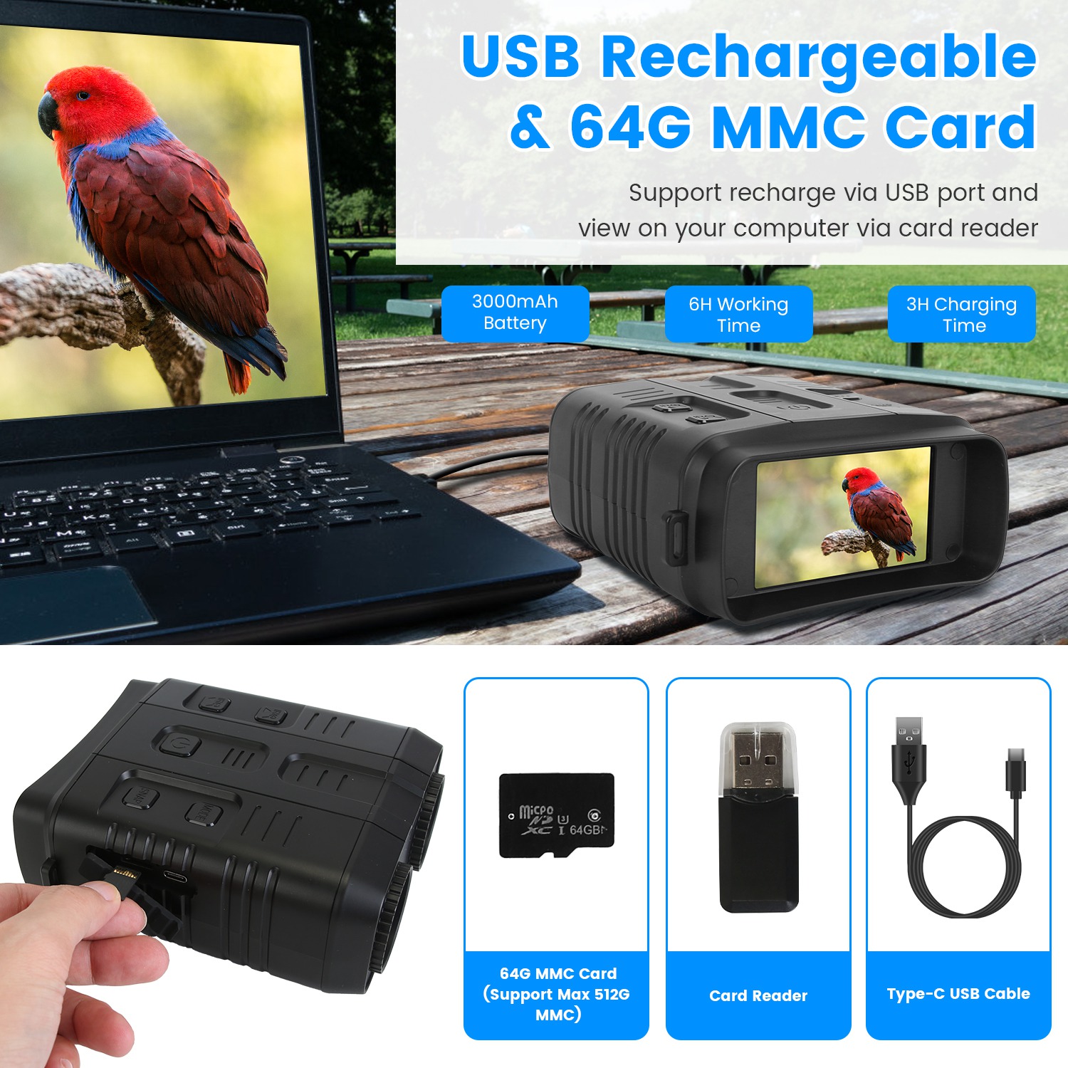 Gafas de Visión Nocturna 4K Binoculares a Todo Color con Zoom 10X, Alcance de Visión de 2624ft, Pantalla de 3in, Tarjeta MMC de 64G, Control por App WIFI, Guarda Fotos y Video, Ideal para Camping, Caza y Seguridad — imagen 7