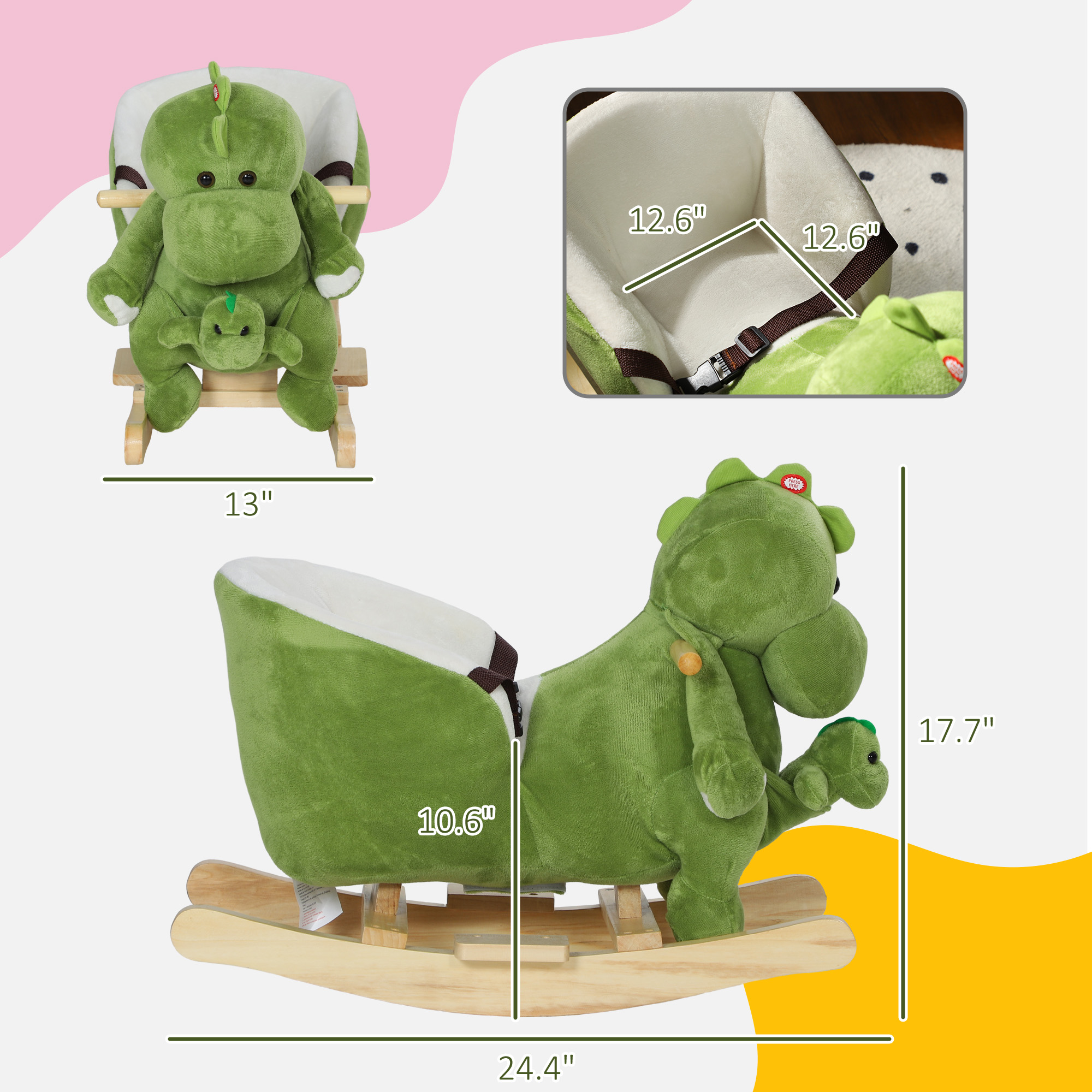 Caballo de Madera con Dinosaurio, Cinturón de Seguridad y 32 Canciones para Niños de 18 a 36 Meses, Verde — imagen 7
