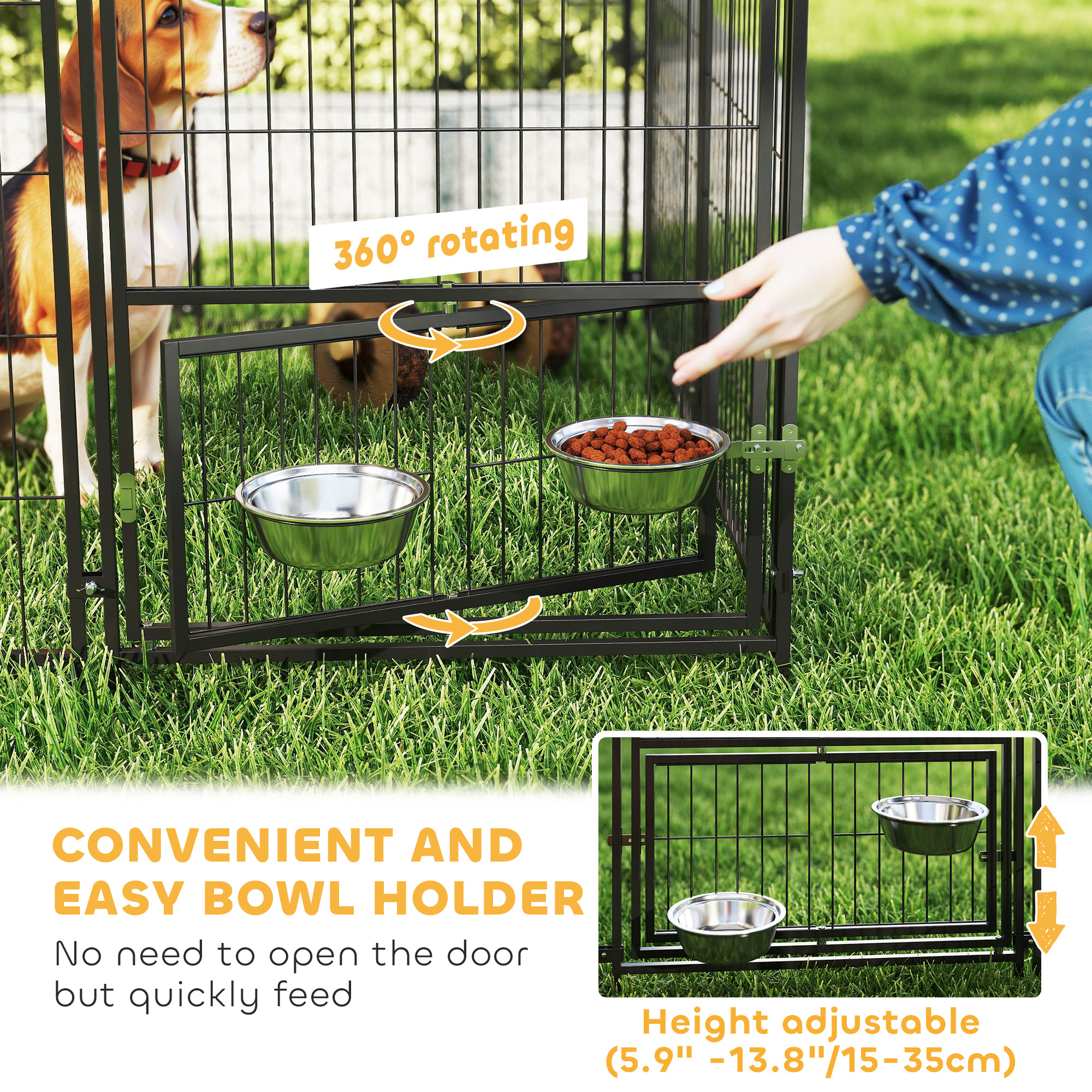 Large Outdoor Dog Kennel with Rotating & Adjustable Height Bowls, Waterproof & UV-Resistant Canopy, 11.3' x 4.7' x 5.1' — image 8