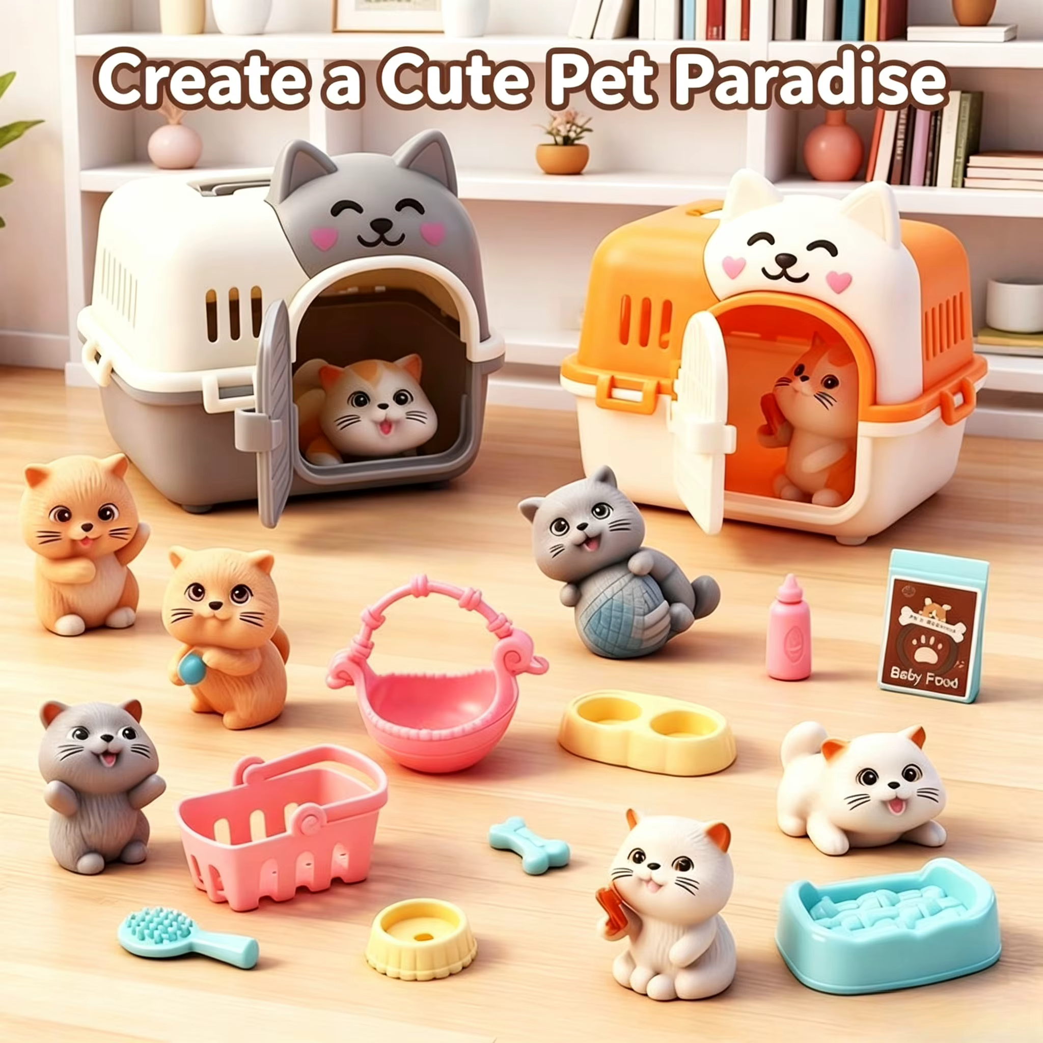 1 Set Pretend Play Pet Cat Cage Toy Set, Cute Animal Figures with Doll Furniture, Montessori Educational Role Play Toys for Gift — image 1