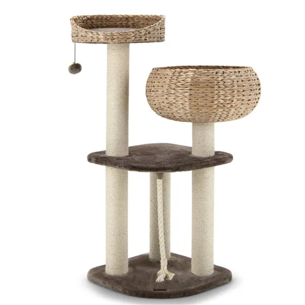 Árbol de Gato tejido a mano con juncos de Hyacinth acuático, 3 postes de sisal para rascar centros de actividad multi-nivel para gatos-Marrón — imagen 6