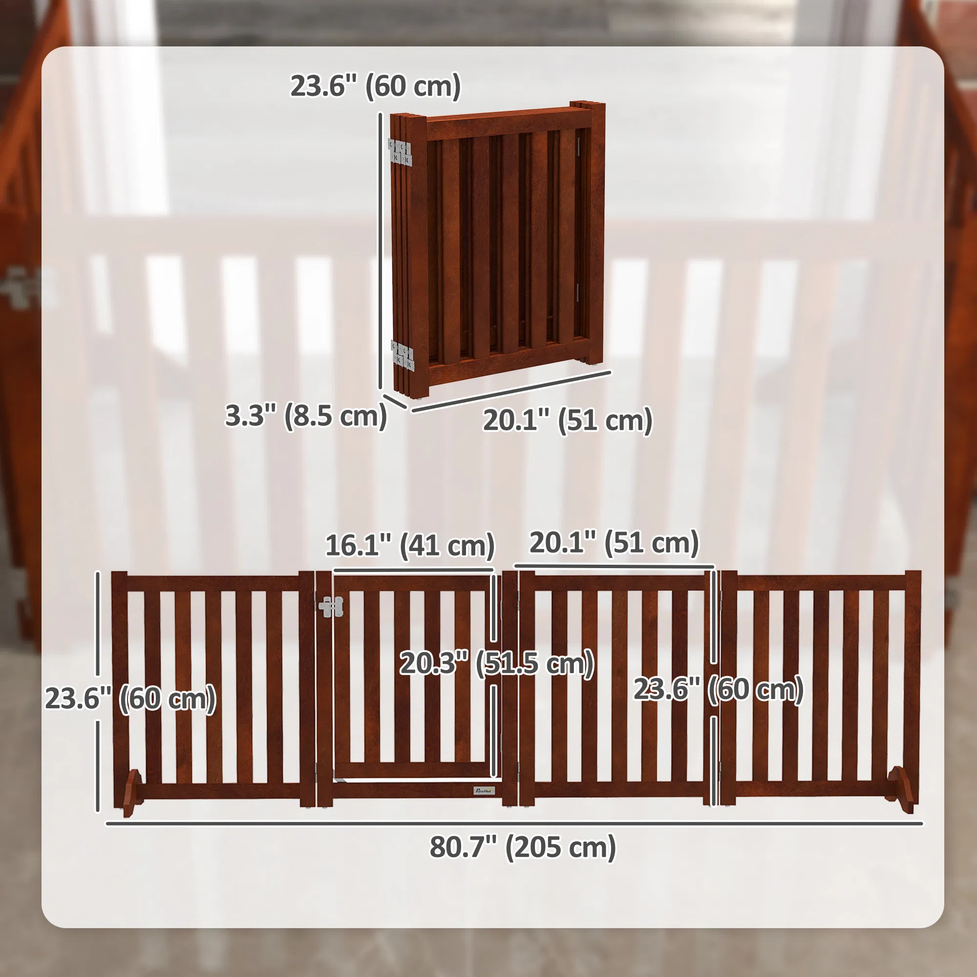 Foldable Dog Gate with Door, 4 Panels Fressstanding Pet Gate, Brown — image 6