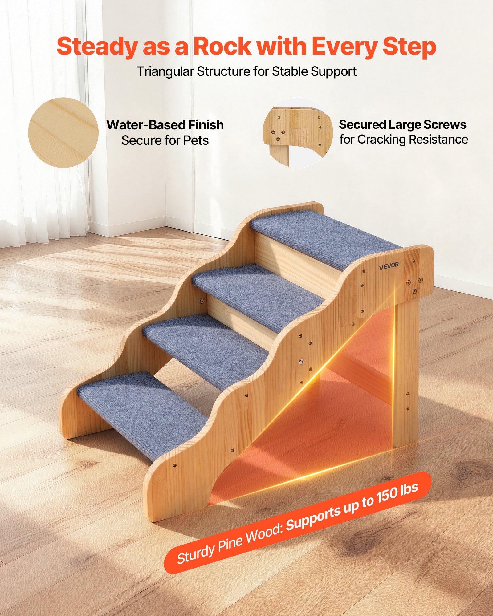 Escaleras de Madera para Mascotas, 4 Peldaños para Camas Altas, Sofás y Coches, Capacidad de Carga 150lbs, Superficie Antideslizante, Escalera Segura para Gatos y Perros Pequeños, Medianos y Grandes — imagen 5