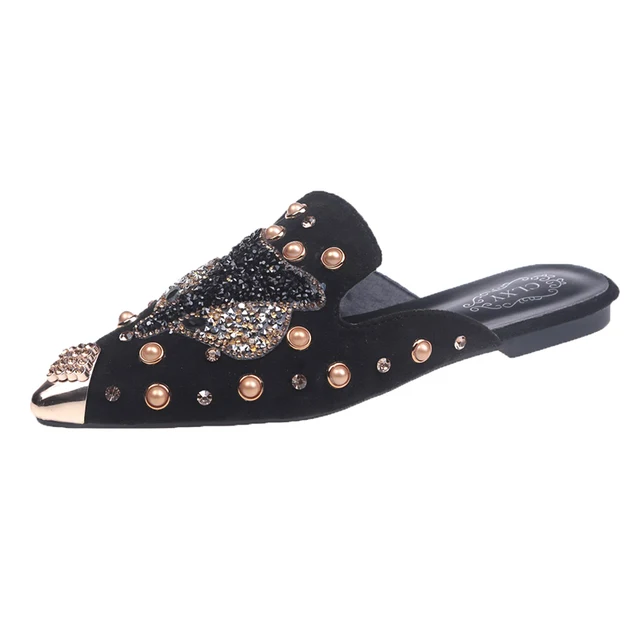 Women Shoe Fashion String-bead Pointed Rhinestone Rivet Flat Women Slippers Slip-On Mules Loafer Sandals Slides Ladies Shoes — image 1