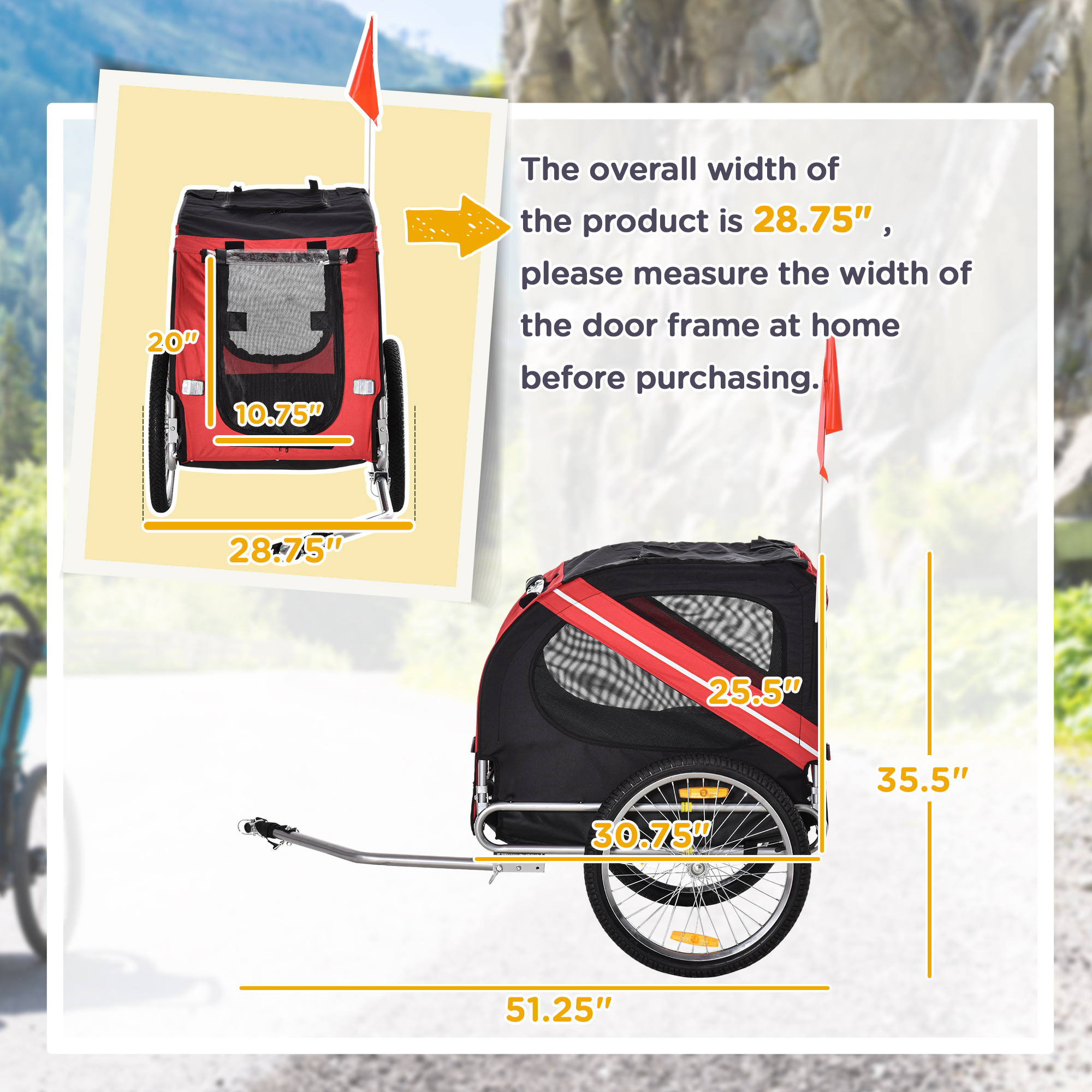 Dog Bike Trailer, Pet Wagon Bicycle Trailer with Easy Folding Cart Frame, 20" Large Rubber Wheels, 3 Entrances, Mesh Screen, Pet Bike Trailer for Off-Road & Travel, Red and Black — imagen 7