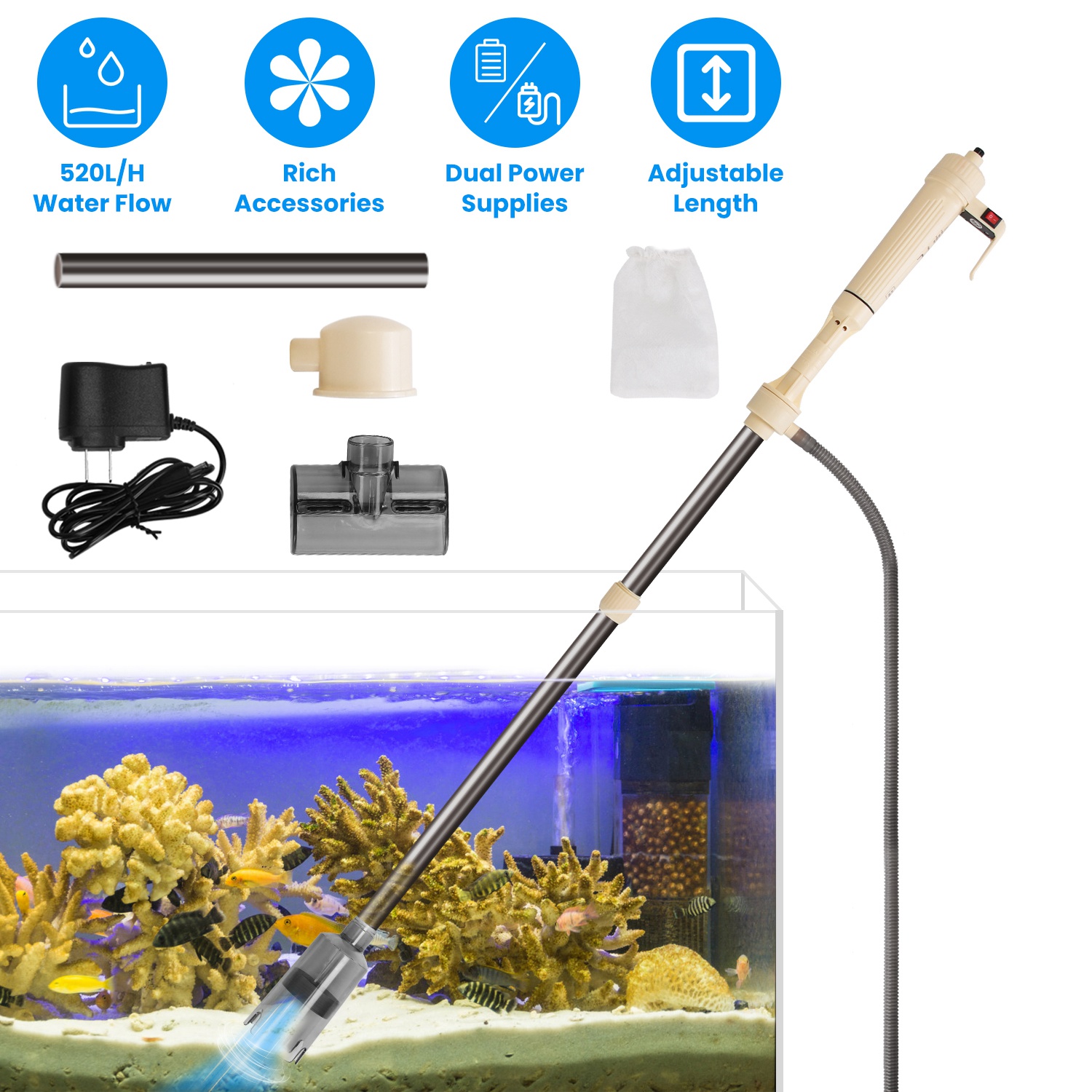 Kit Limpiador Eléctrico Multifuncional de Grava Para Acuario, Longitud Ajustable, Aspiradora Automática Para Pecera, Cambio de Agua, Lavado de Arena y Eliminación de Suciedad — imagen 1