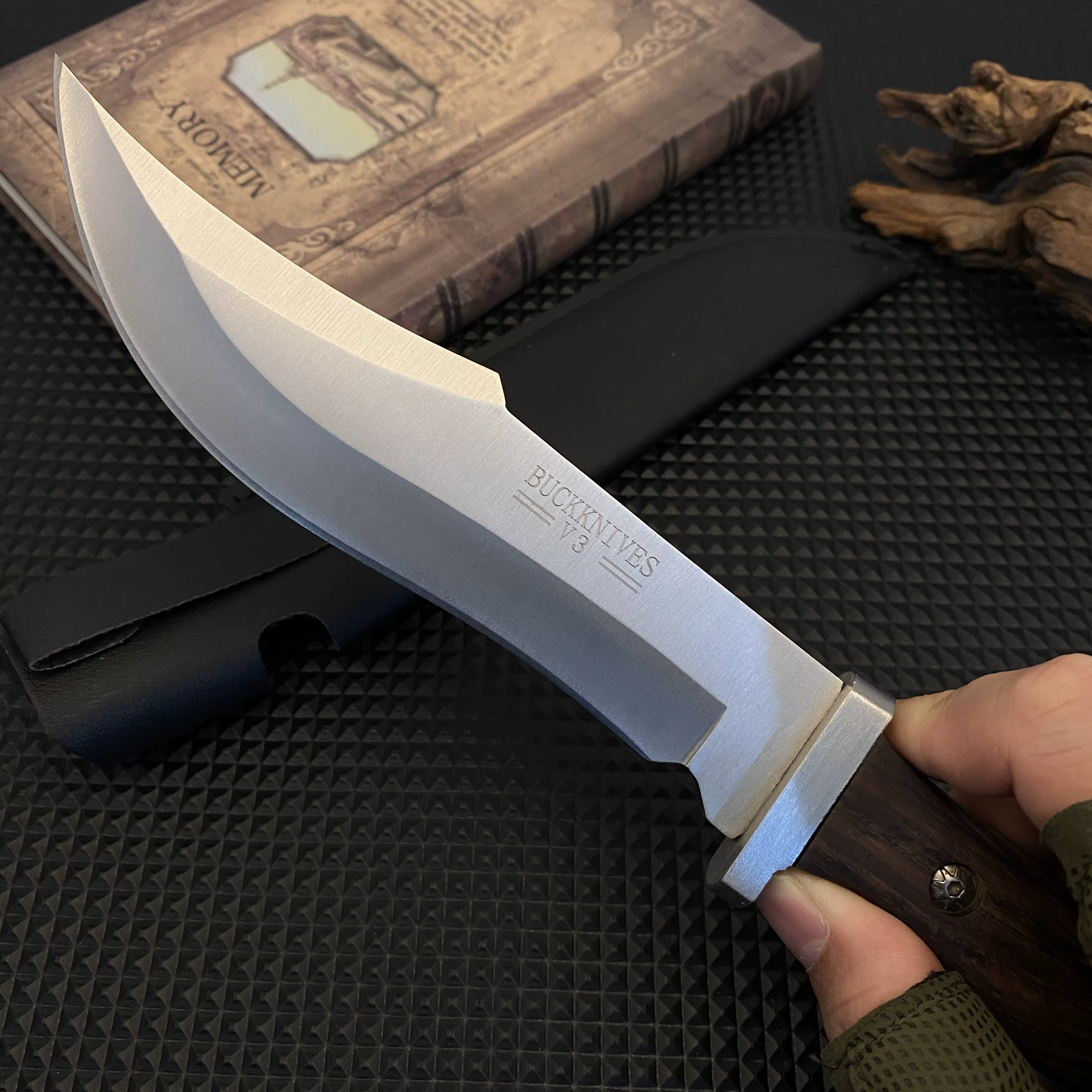 Stainless steel hunting knife with a wooden handle, paired with a black leather sheath, an essential tool for adventurers — image 2