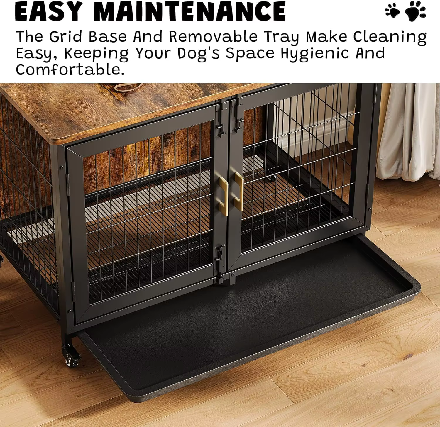 Wooden Dog Crate with Lockable Wheels, Removable Tray, and Durable Steel Frame — image 7