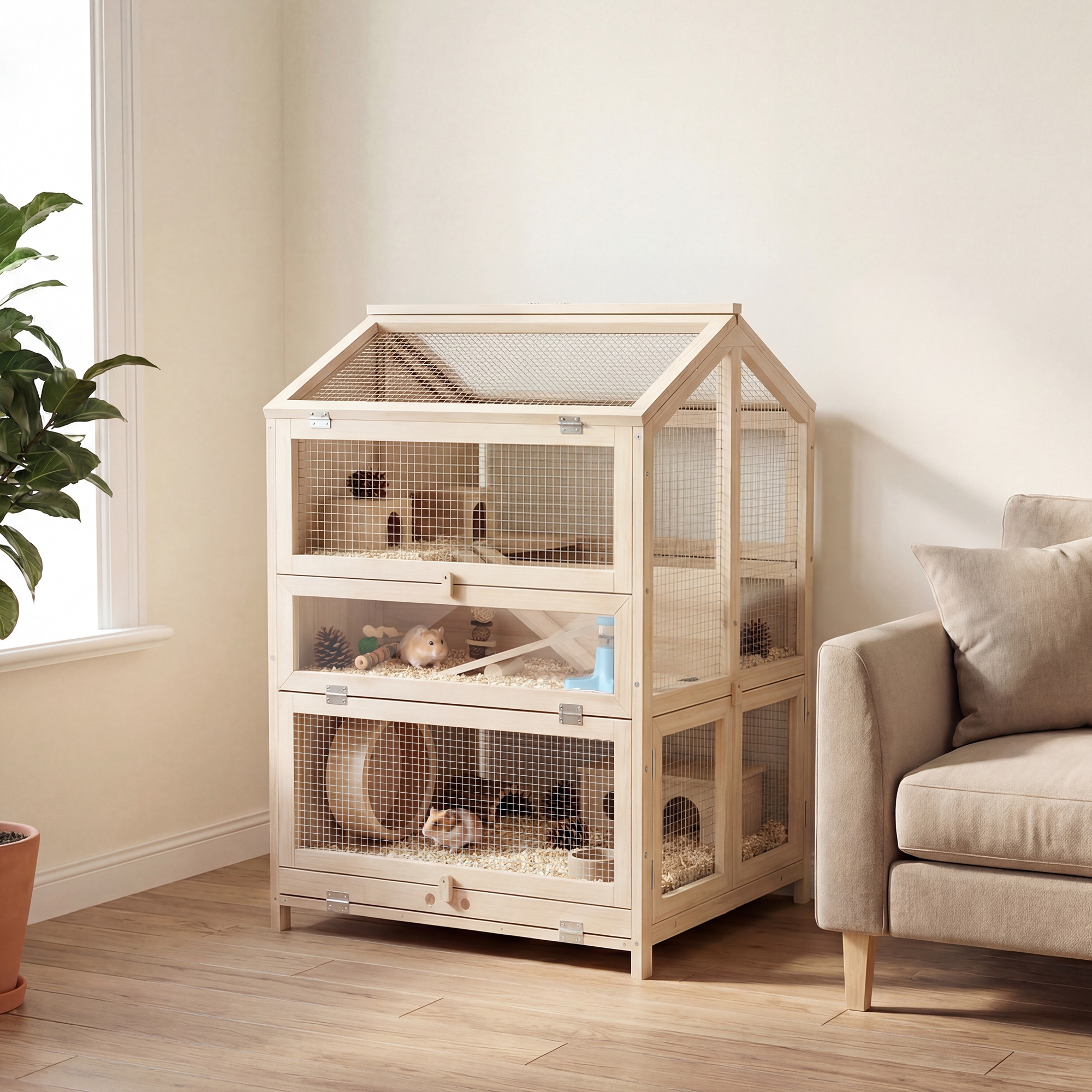 Caja de Madera para Hámsters Grande, 3 Niveles con Caja Retirable y Parte Superior Abatible, 26.8"L x 24.2"W x 35.4"H — imagen 1