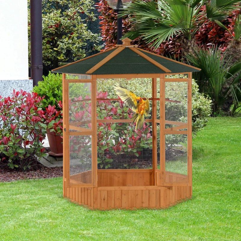 PawHut 69 Wooden Hexagonal Outdoor Aviary Flight Bird Cage With Covered Roof, BrownFor Multiple Packages, Please Pay Attention To The Detailed Dimensions And Weight Of Each Package — image 3