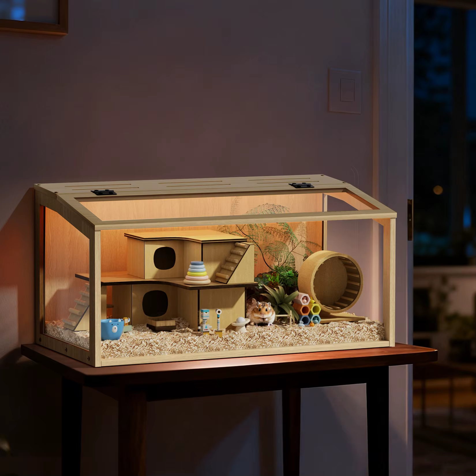 Large Wooden Hamster Cage Clear Tempered Glass Pet Small Animal Habitat Cage Playful Hutch House Built-in LED Light — image 6