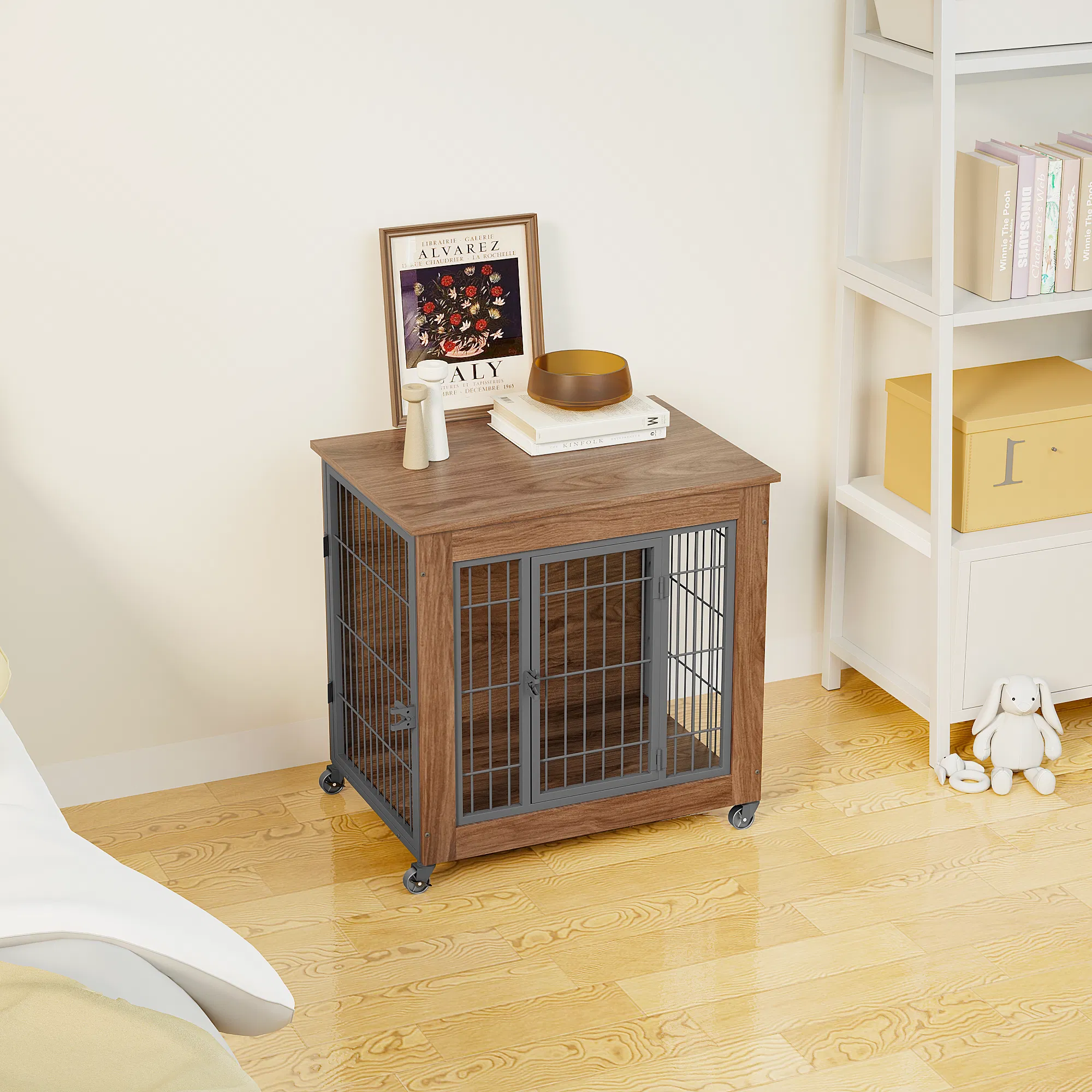 27.2" Dog Crate Furniture with Wheels for Small Dogs, Heavy Duty Dog Kennel Indoor with 2 Doors, Wooden Pet Cage End Table, Double-Doors Sturdy Metal Dog Cage for Anxiety Dog — image 18