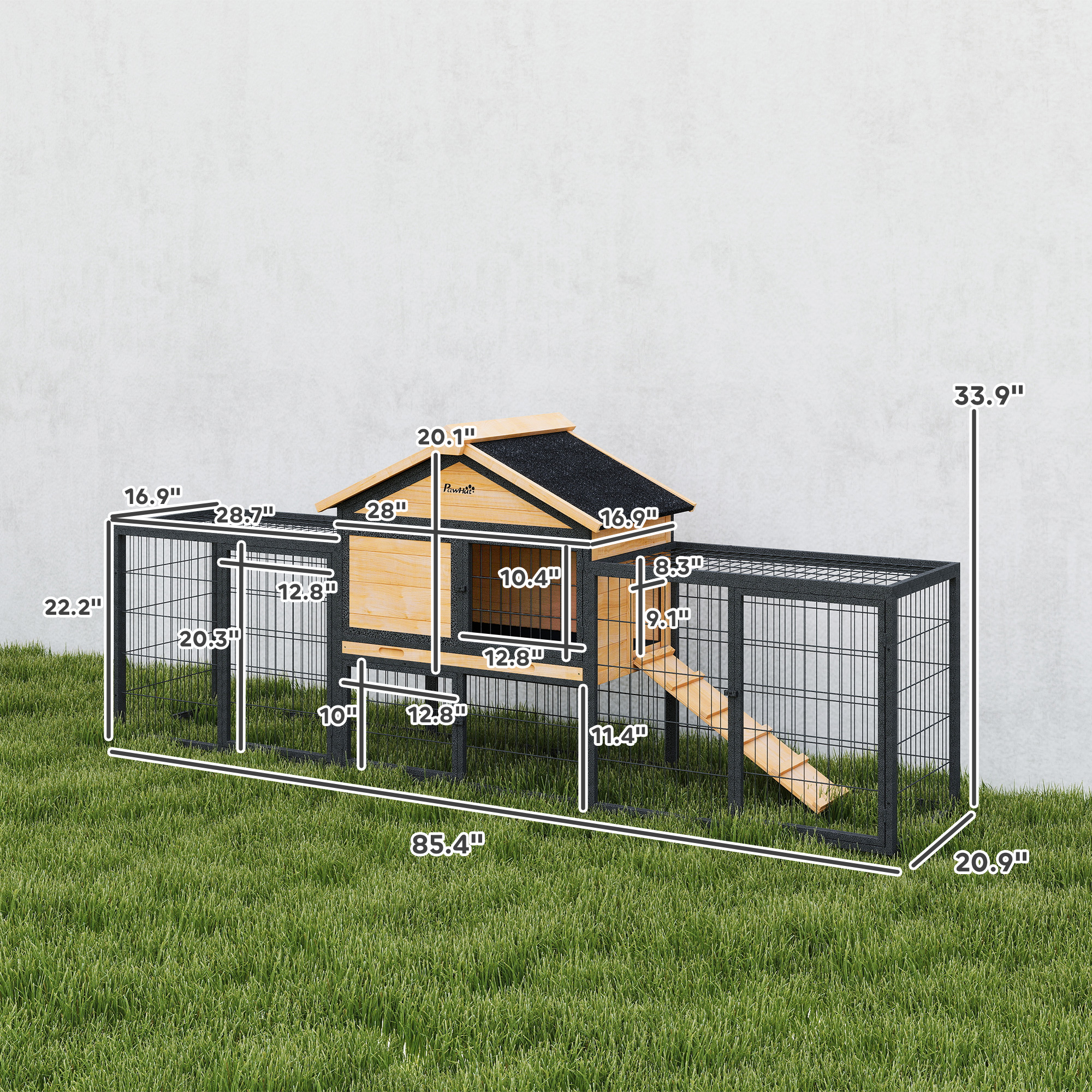 Casa para Conejos de Madera Exterior, 85" Gran Caja para Conejos con Corral de Acero, Plato Removible y Techo de Asfalto — imagen 7