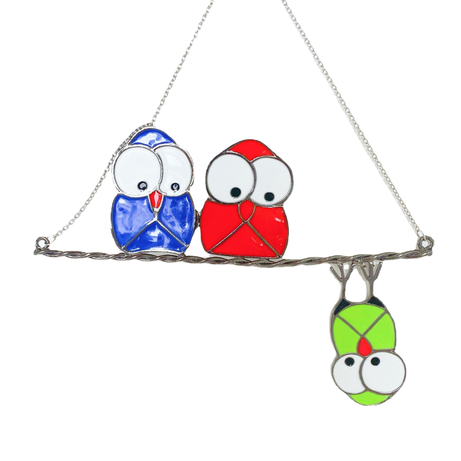 Three Birds Cute Owl Metal Epoxy Stained Glass Window Ornament Garden Decoration — image 4