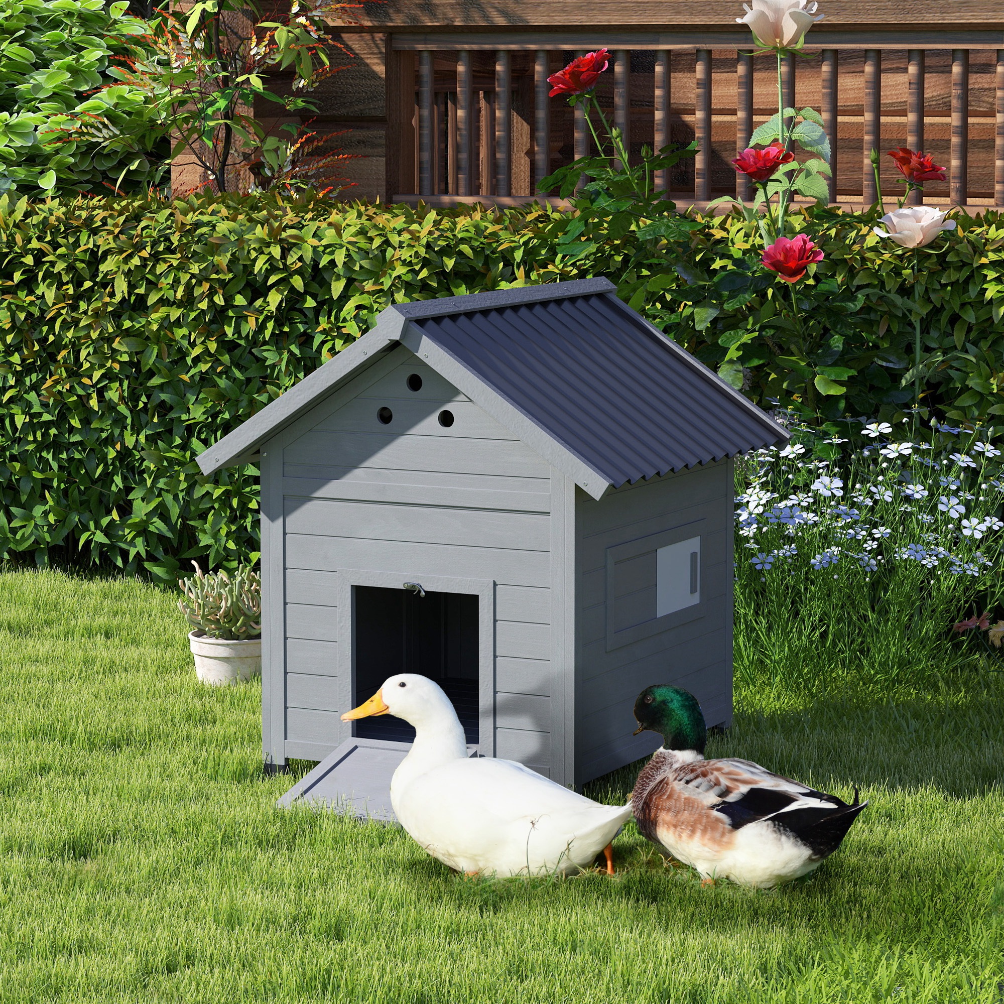 Duck Coop, Wooden Duck House with Openable Roof & Double Doors, Light Gray — imagen 1